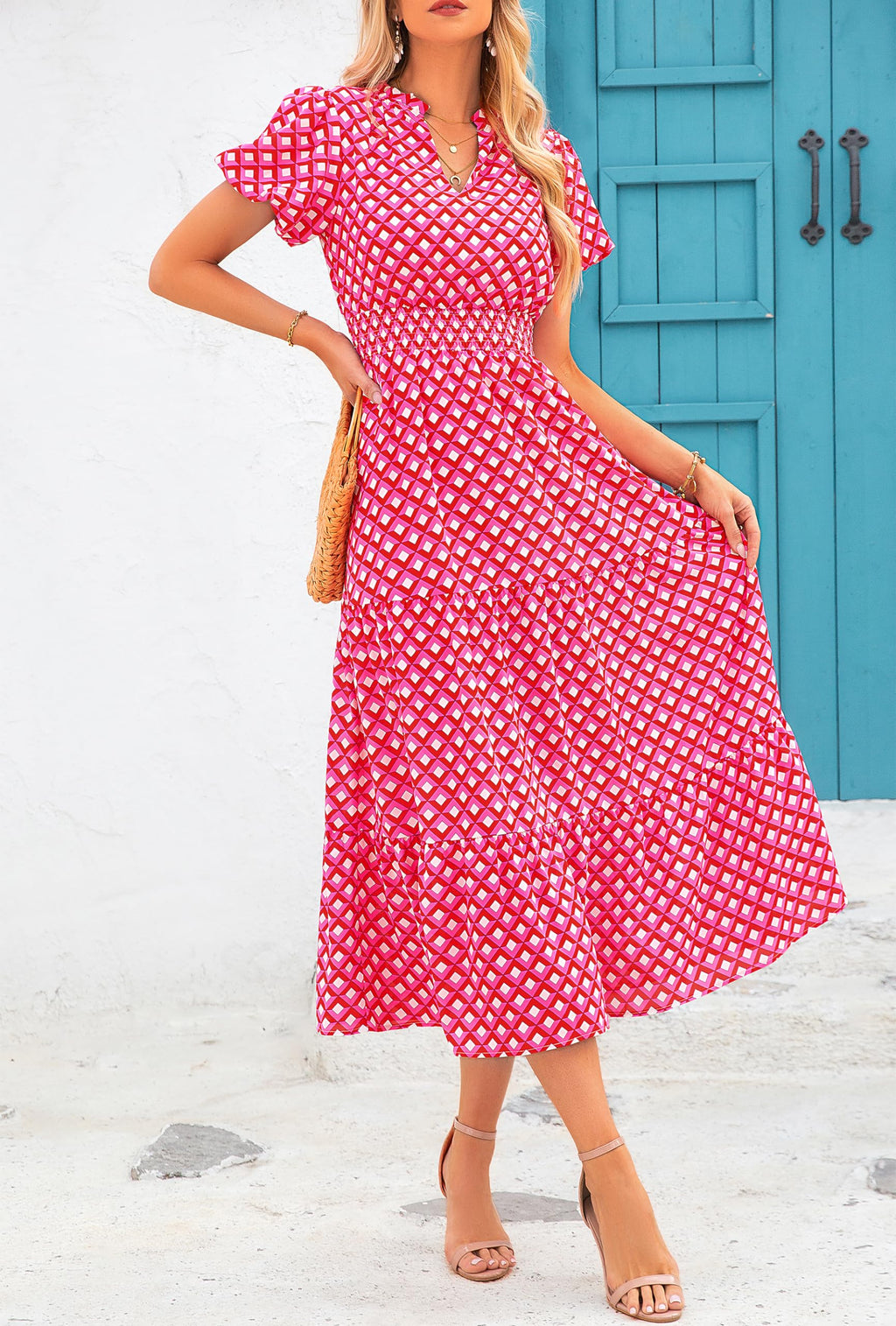 PRETTYGARDEN Summer Maxi Dresses for Women  Casual V Neck Puff Short Sleeve Smocked Flowy Beach Boho Long Floral Dress