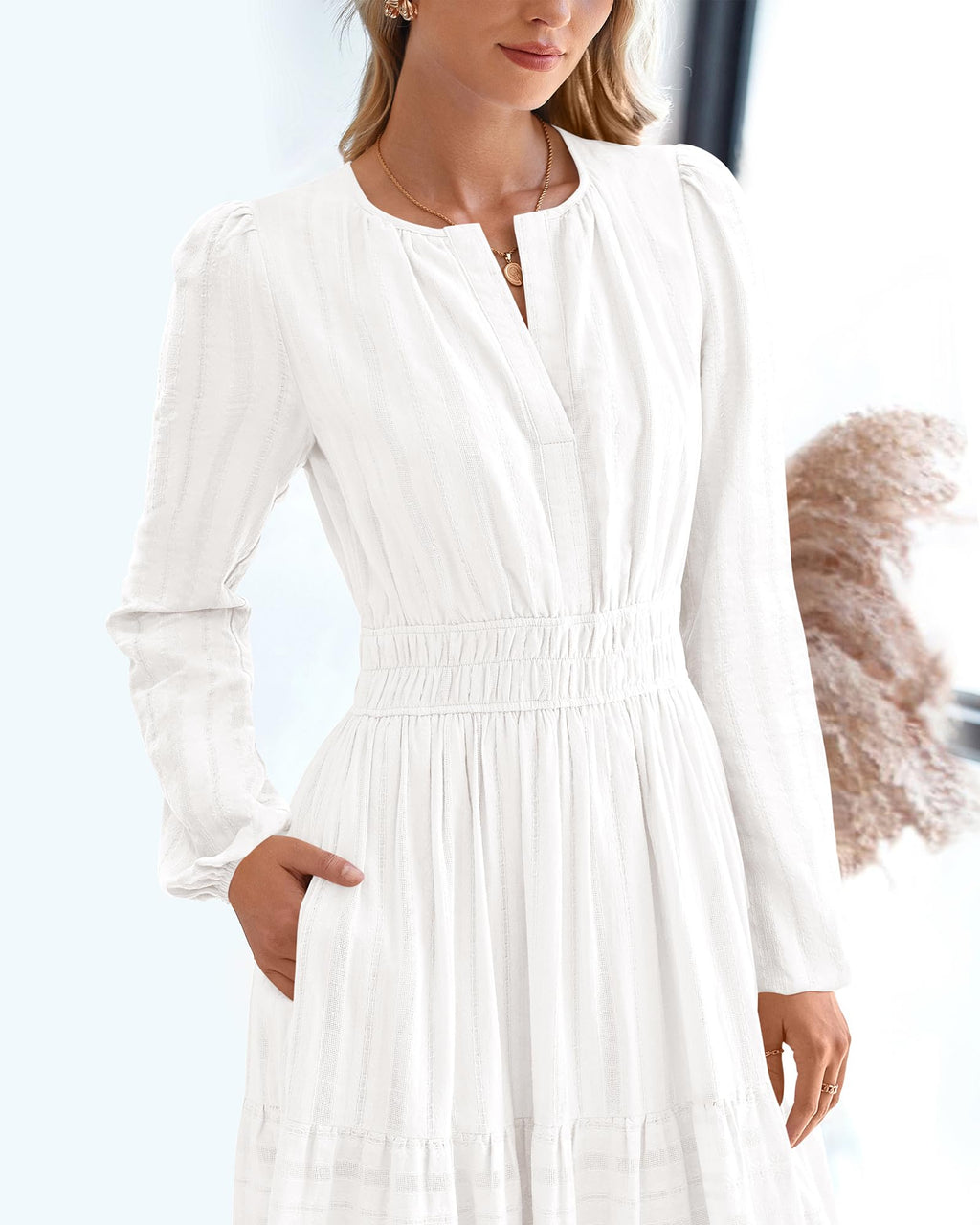 FreshPretty Fall Dresses for Women Casual Long Sleeve V Neck Elastic Waist Lightweight Maxi Wedding Guest Dress Pockets