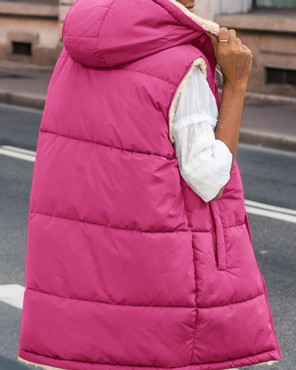 BTFBM Long Puffer Vest Women Fleece Sherpa Jacket Sleeveless Hooded Reversible Zip Up Winter Coat Fall Vests Outerwear