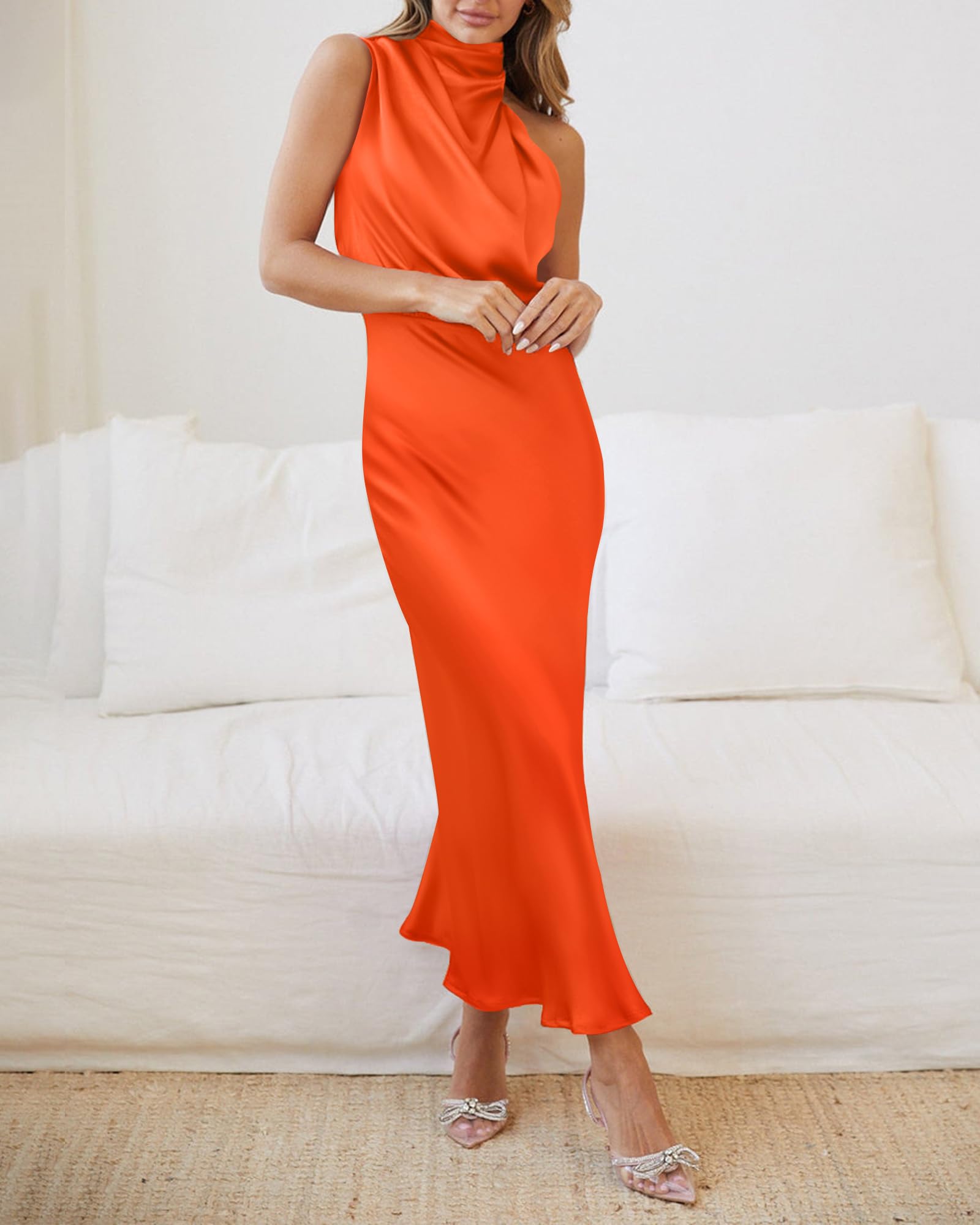 BTFBM Cocktail Dresses for Women Summer Satin Silk Sleeveless Mock Neck Maxi Wedding Guest Dress Spring Outfits