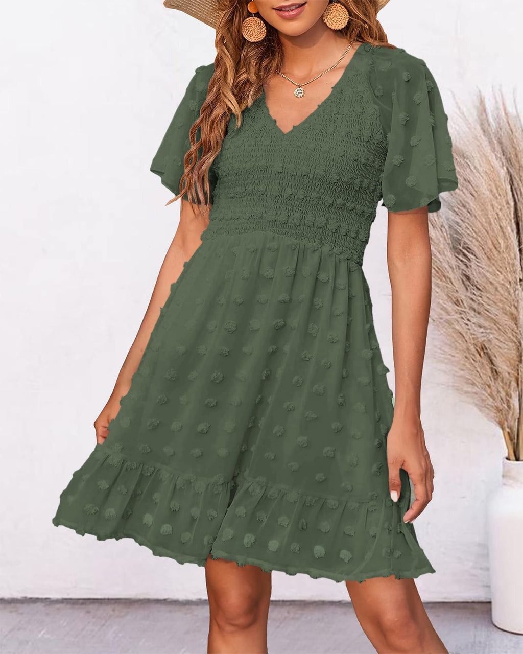 FreshPretty Womens Beach Vacation Dress Summer V Neck Short Sleeve Smocked Swiss Dot Cute Ruffle Casual Fall Mini Dresses