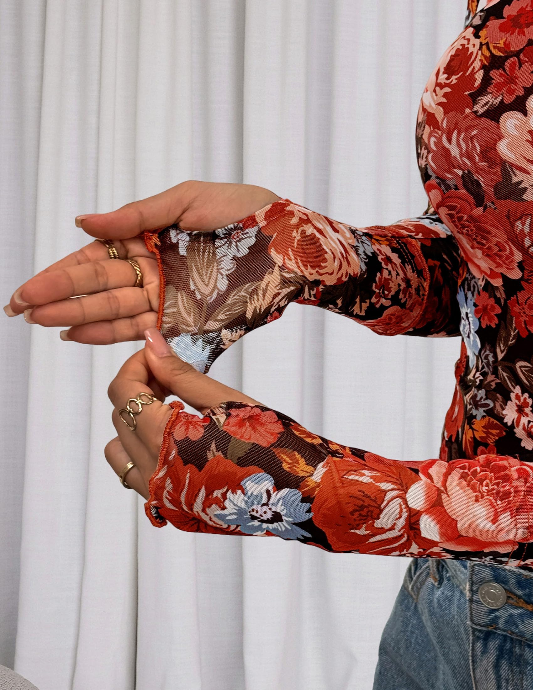 PRETTYGARDEN Womens Fall Mesh Floral Blouses Long Sleeve Going Out Tops Slim Fitted Shirts Date Night Outfits