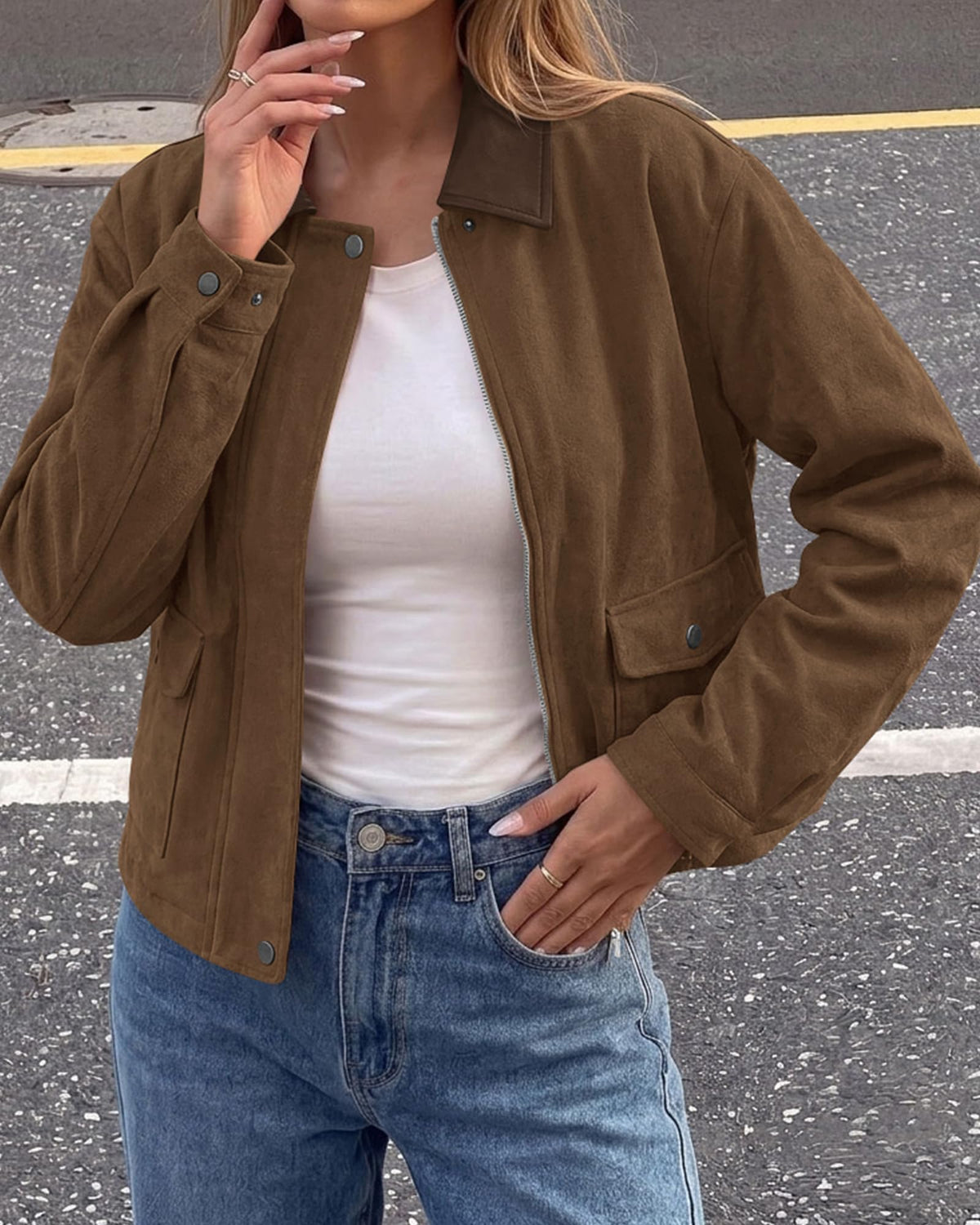 BTFBM Faux Suede Jacket Women Leather Lapel Zip Up Fall Outfits Button Down Long Sleeve Outerwear With Flap Pockets, Early Winter Coats, Motorcycle Jackets, Western Country Concert Outfits