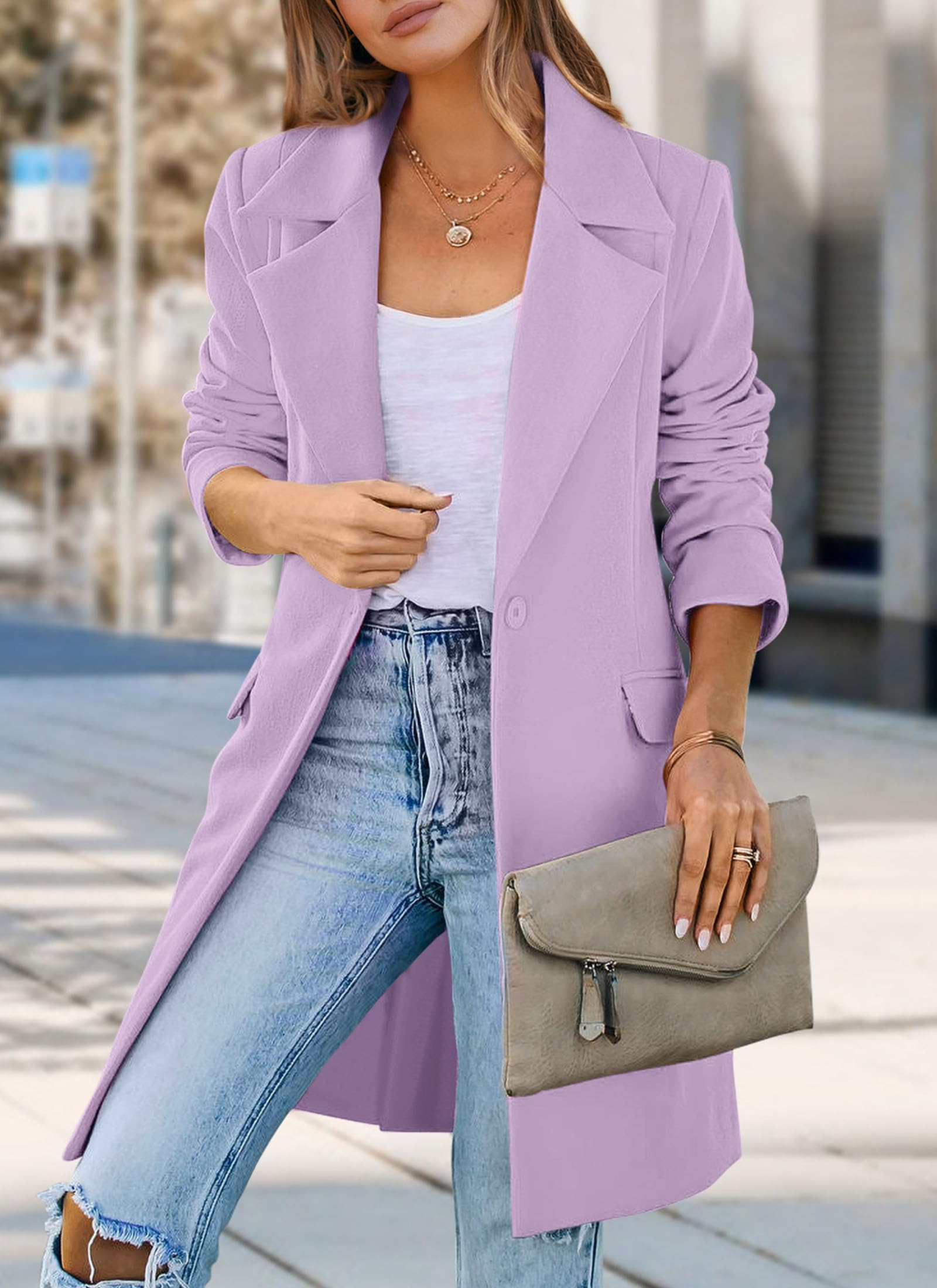 PRETTYGARDEN Women's Spring Fall Long Blazer Jackets Long Sleeve Lapel Pockets Loose Fit Work Casual Blazers Outerwear