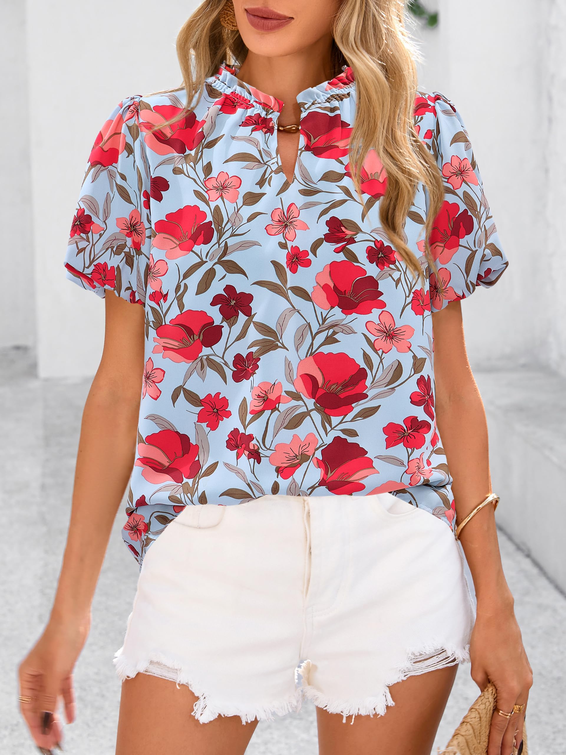 PRETTYGARDEN Boho Short Sleeve Floral Work Blouses for Women Dressy Casual V Neck Puff Sleeve Loose Chiffon Flowy Tops Shirts