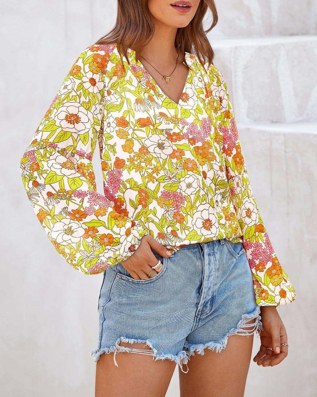 FreshPretty Blouses for Women Floral Boho Tops V Neck Lightweight Long Sleeve Shirts Fall Dressy Casual Vacation Outfits