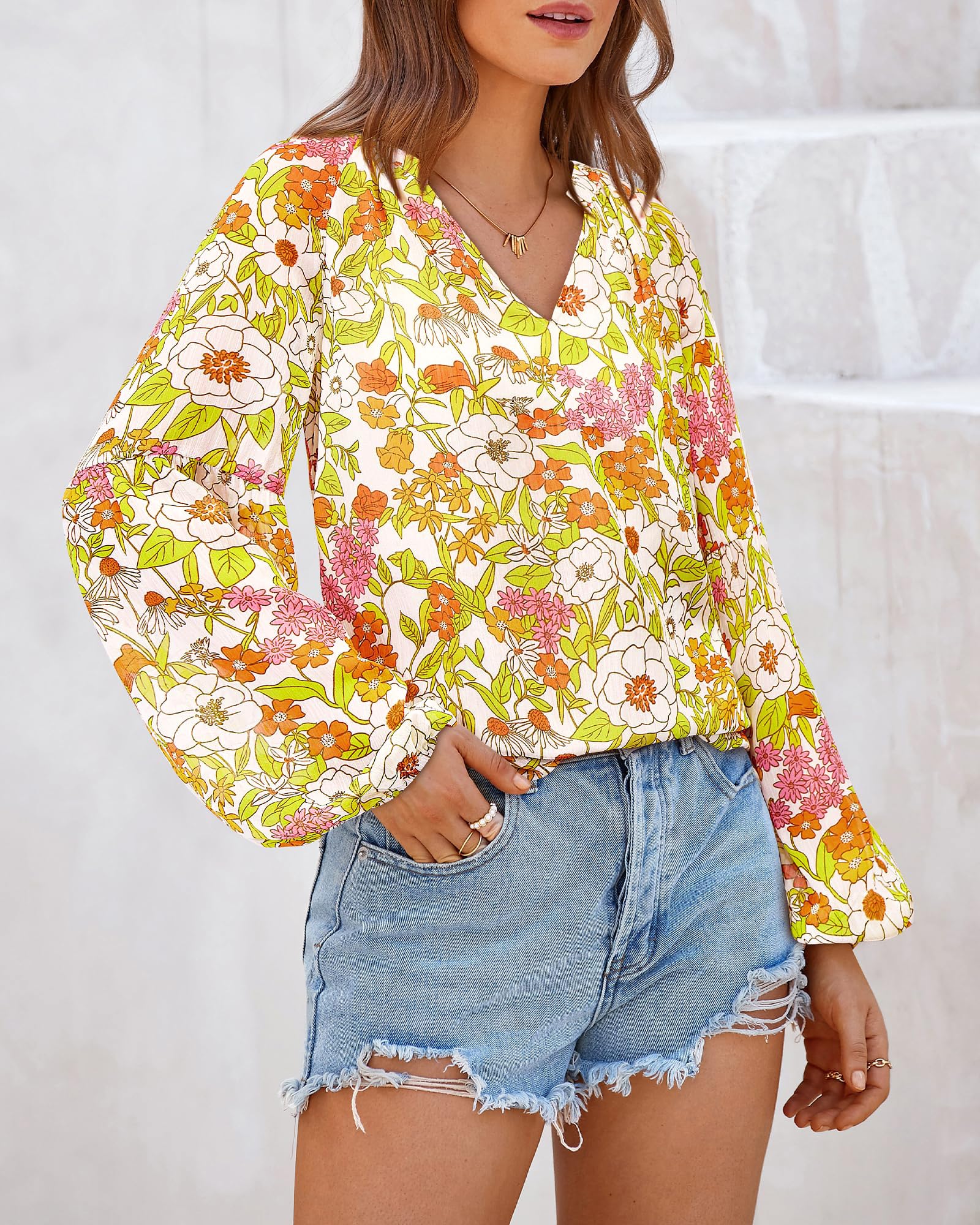 FreshPretty Blouses for Women Floral Boho Tops V Neck Lightweight Long Sleeve Shirts Fall Dressy Casual Vacation Outfits
