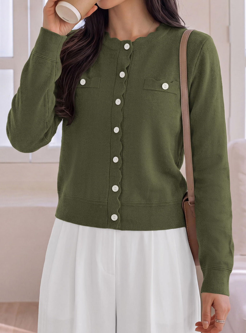 PRETTYGARDEN Cardigan Sweaters for Women Scalloped Button Up Fall Outfits Soft Knit Long Sleeve Knit Tops,Crew Neck,Business Casual Outfits,Office Work Lightweight Sweater,Layers Clothes