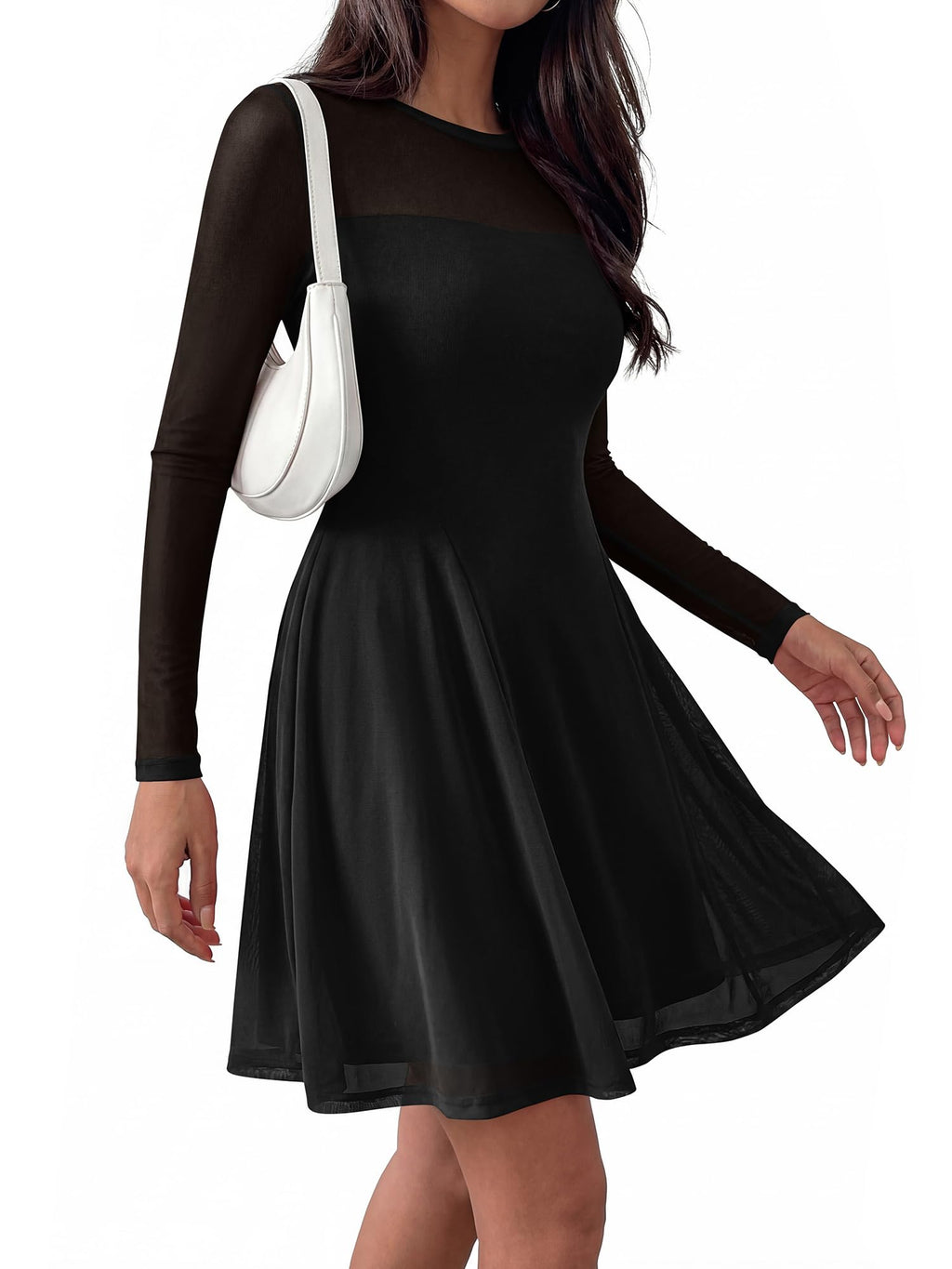 BTFBM Women’s Mini Dress Sheer Mesh Long Sleeve Crew Neck Flowy A Line Casual Cocktail Party Going Out Dresses Fall