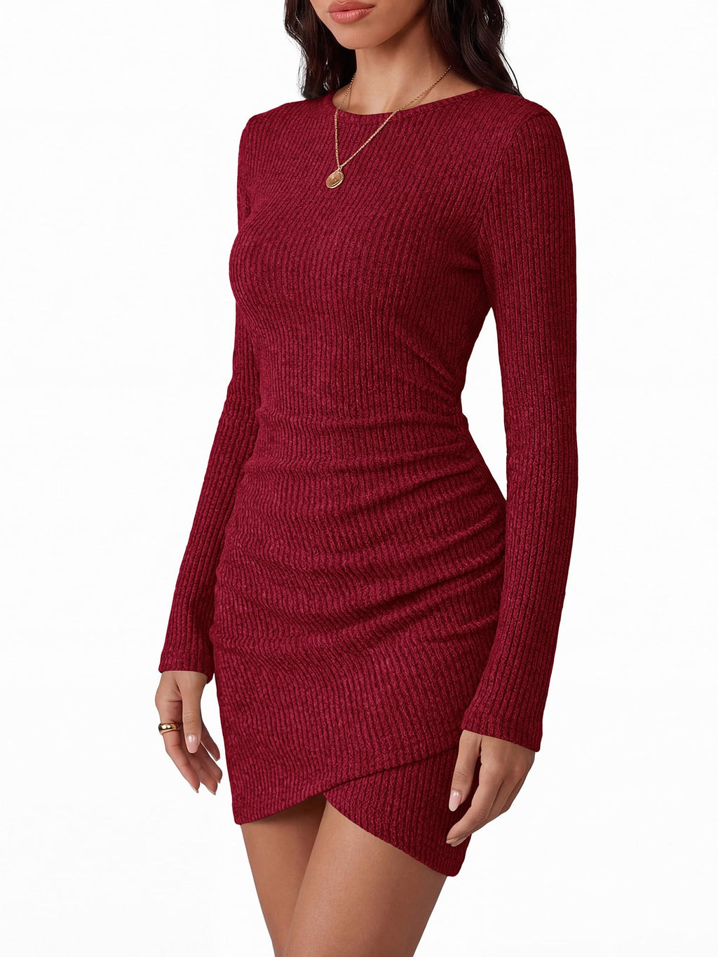 BTFBM Womens Long Sleeve Bodycon T Shirt Dress | Crew Neck,Ruched,Ribbed,Homecoming Cocktail Dresses,Fall Winter Clothing