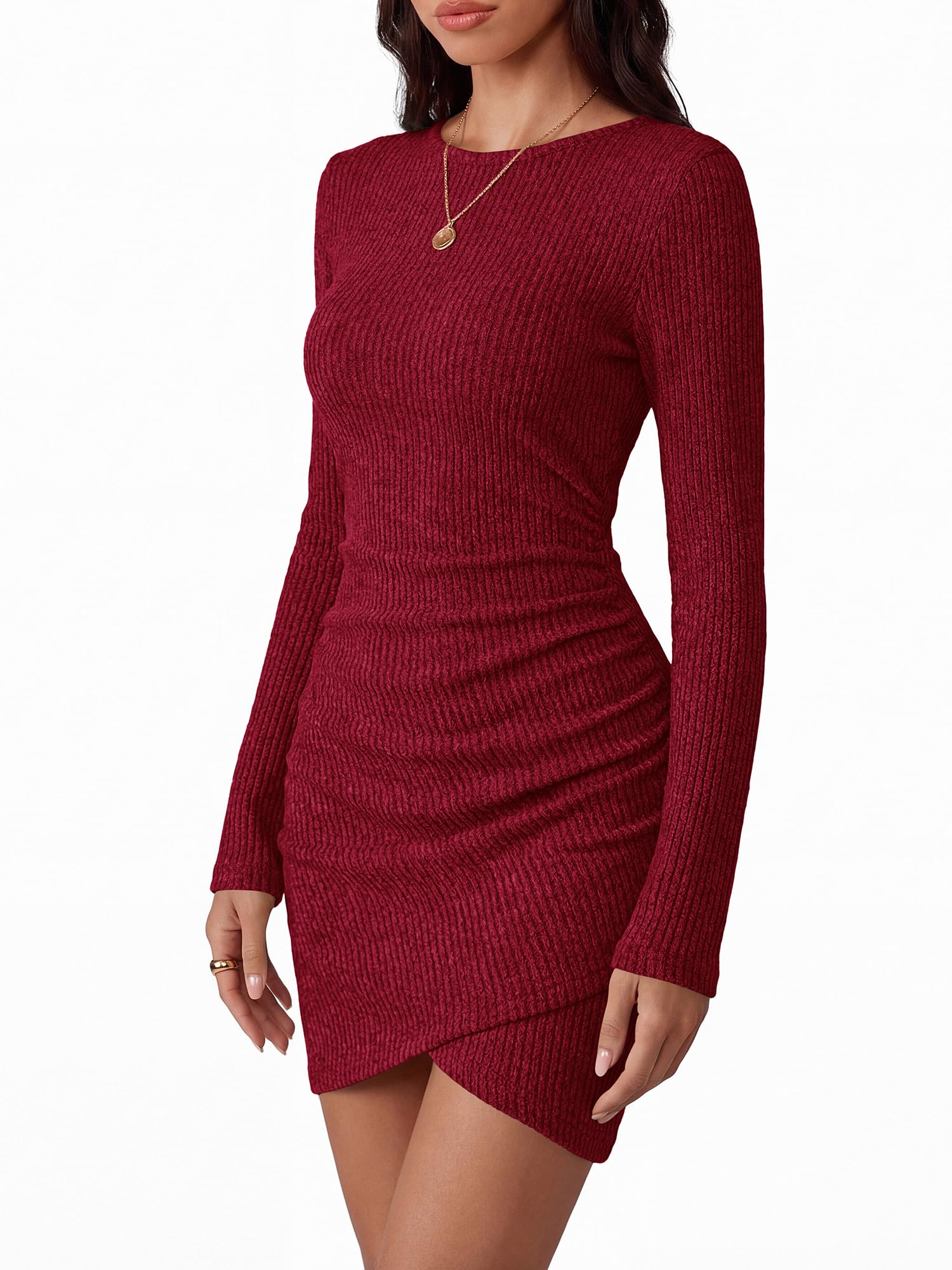 BTFBM Womens Long Sleeve Bodycon T Shirt Dress | Crew Neck,Ruched,Ribbed,Homecoming Cocktail Dresses,Fall Winter Clothing