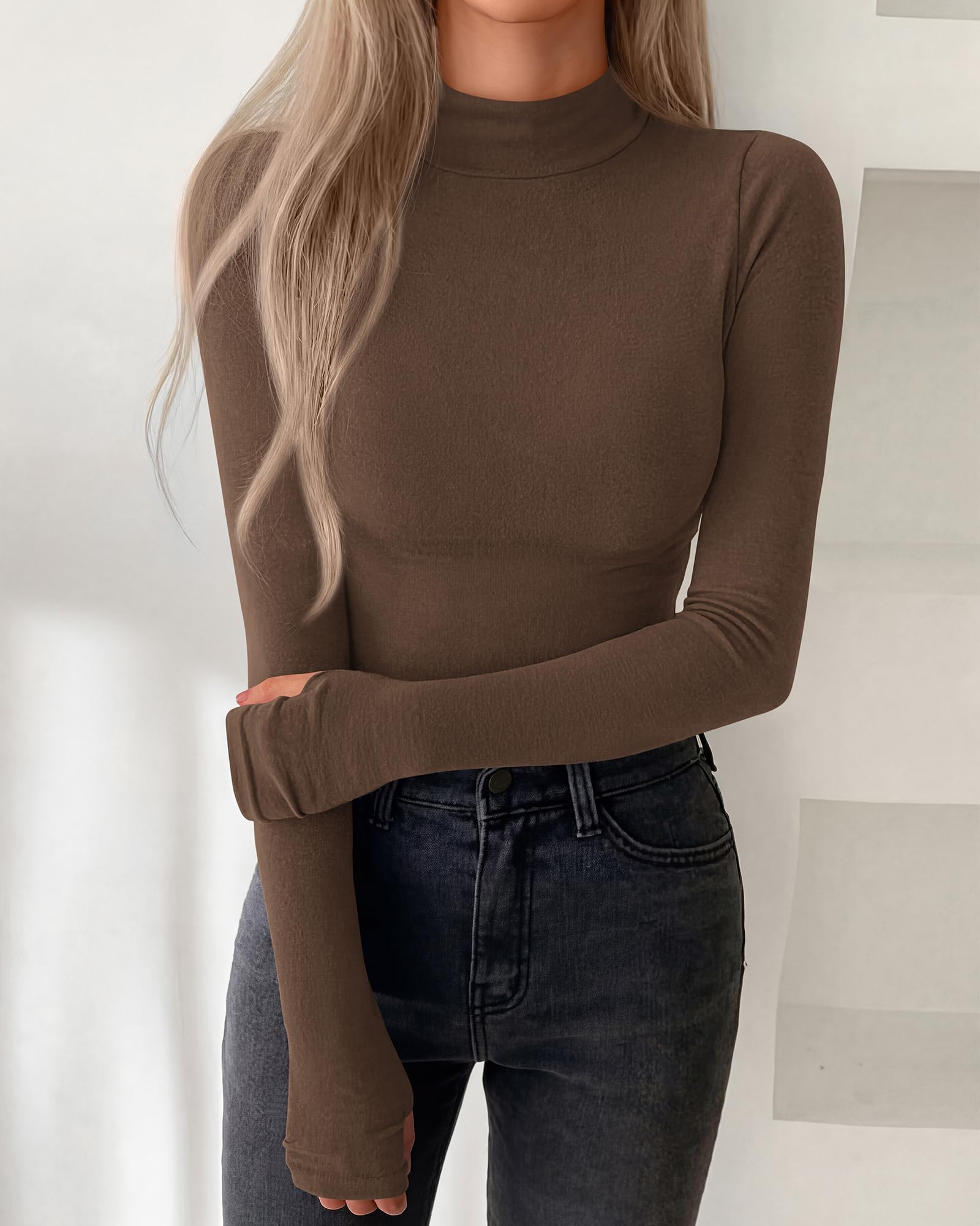 BTFBM Turtleneck Tops for Women Thumbhole Long Sleeve Shirts | Lightweight Fleece Lining, Casual Basic Layering Top, Slim Fit Stretch Winter Thermal Underwear, Fall Fashion Clothing