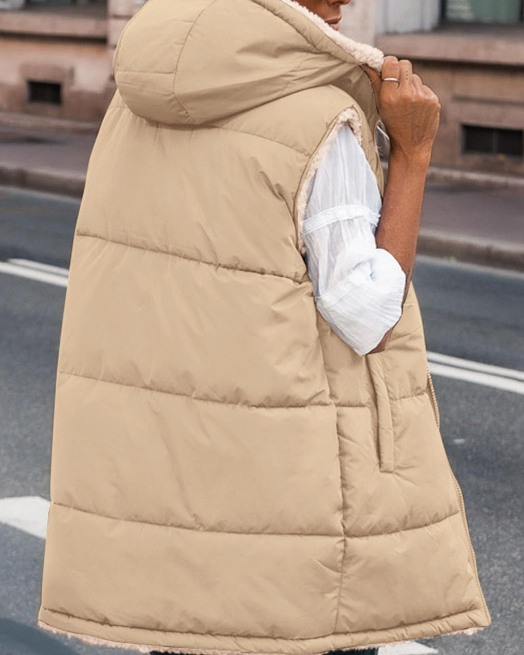 BTFBM Long Puffer Vest Women Fleece Sherpa Jacket Sleeveless Hooded Reversible Zip Up Winter Coat Fall Vests Outerwear