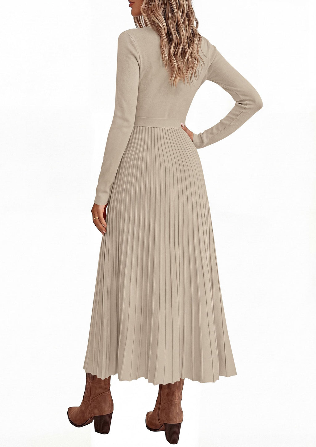 PRETTYGARDEN Womens Fall Maxi Long Sleeve Sweater Dress Soft Stretchy Knit, V Neck A Line Dresses with Bow, Flowy Pleated Hem, Cocktail Party Outfits, Trendy Winter Clothes