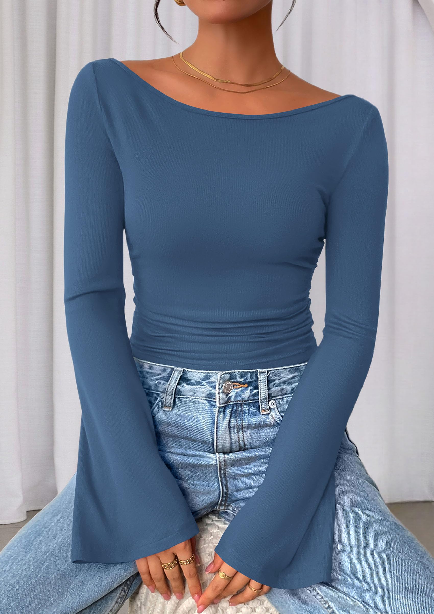 PRETTYGARDEN Women's Long Sleeve Shirts Fall Crop Going Out Tops Casual Boat Neck Bell Sleeve Ribbed Ruched Y2K Clothes