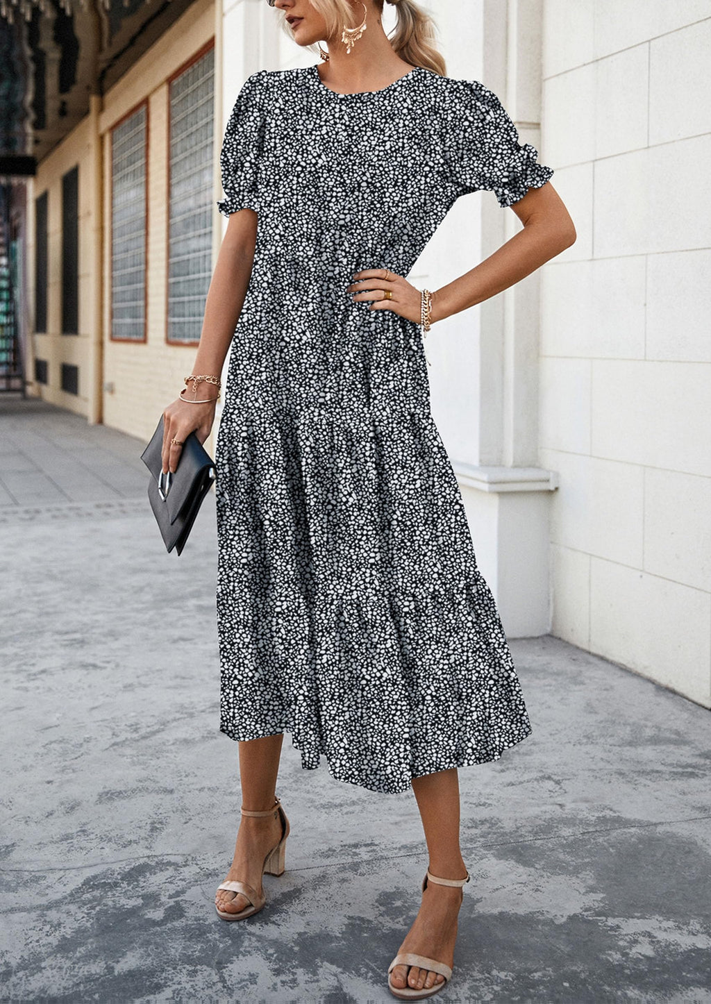 PRETTYGARDEN Summer Dresses for Women Casual Floral Boho Midi Sun Dress Puff Short Sleeve Flowy Beach Vacation Sundress