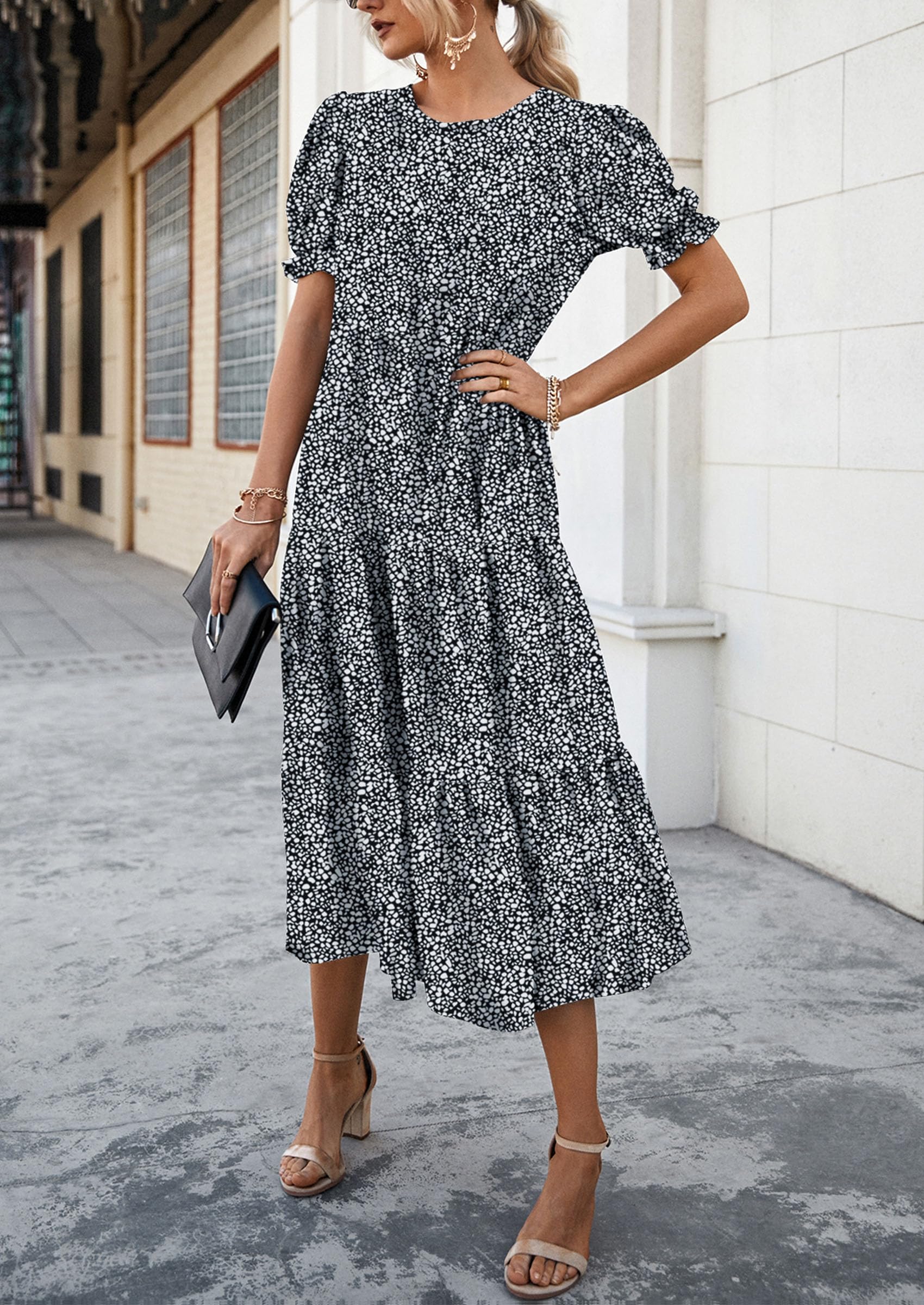 PRETTYGARDEN Summer Dresses for Women Casual Floral Boho Midi Sun Dress Puff Short Sleeve Flowy Beach Vacation Sundress