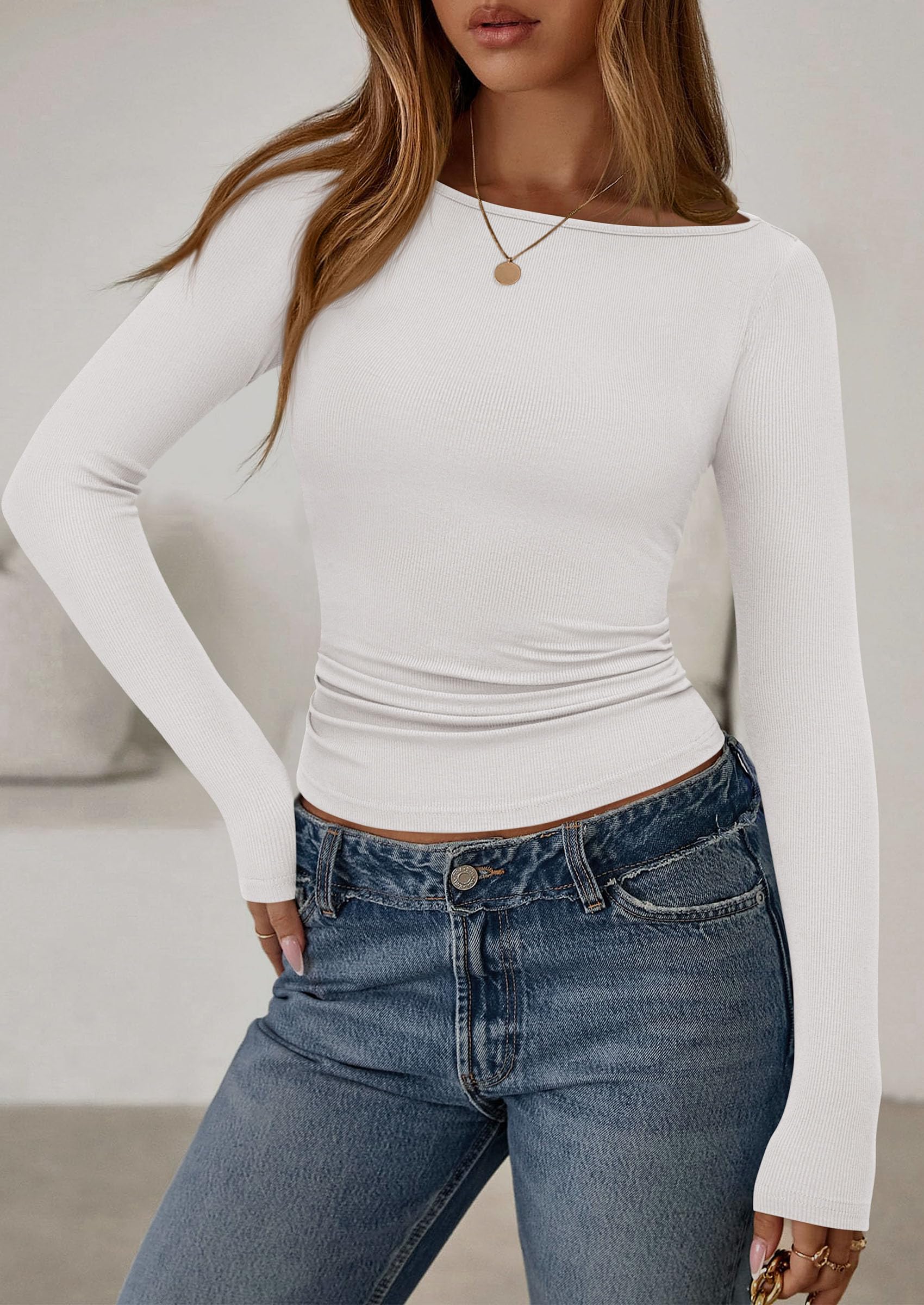 PRETTYGARDEN Long Sleeve Shirts for Women Fall Boat Neck Ribbed Knit Ruched Fitted Going Out Tops Casual Basic Tees