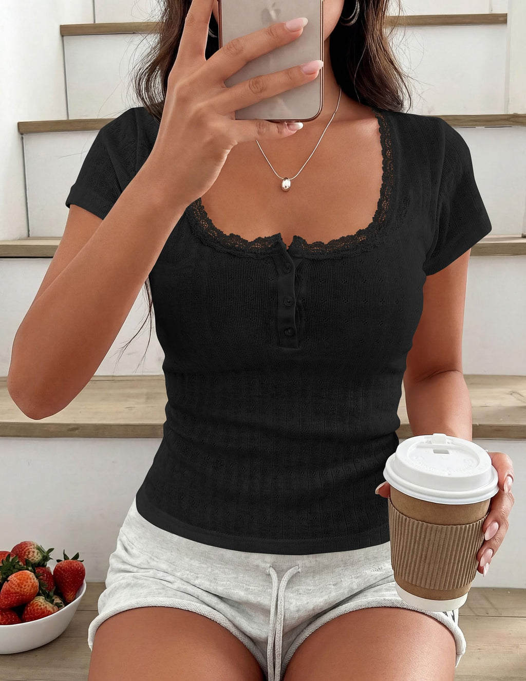 PRETTYGARDEN Summer Tops for Women Short Sleeve Lace Trim Slim Fitted Henley Tee Shirts Y2K Fashion Clothing