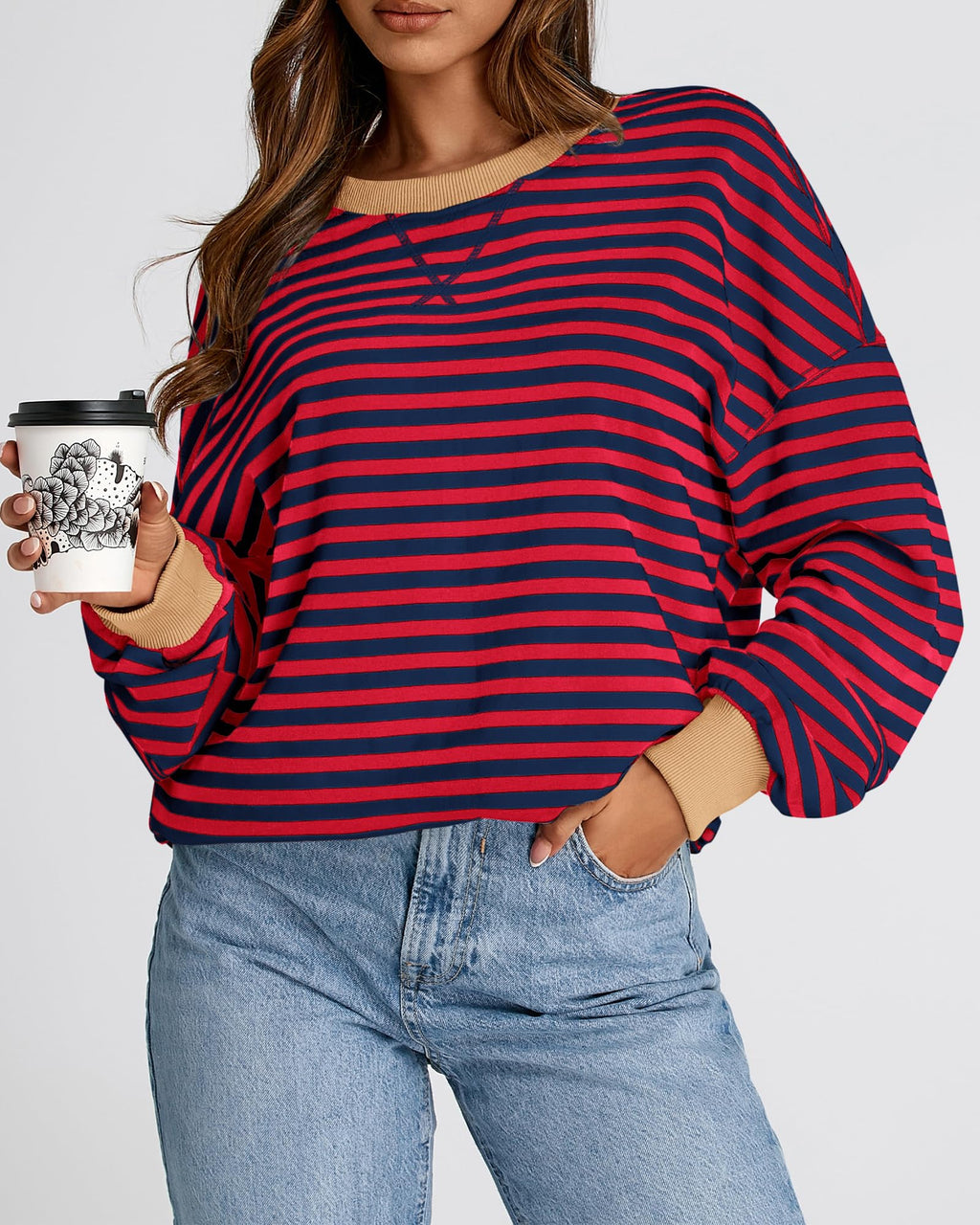 BTFBM Sweatshirt For Women Summer Crewneck Long Sleeve Oversized Striped Pullover Tops Y2K Clothes Workout Shirt