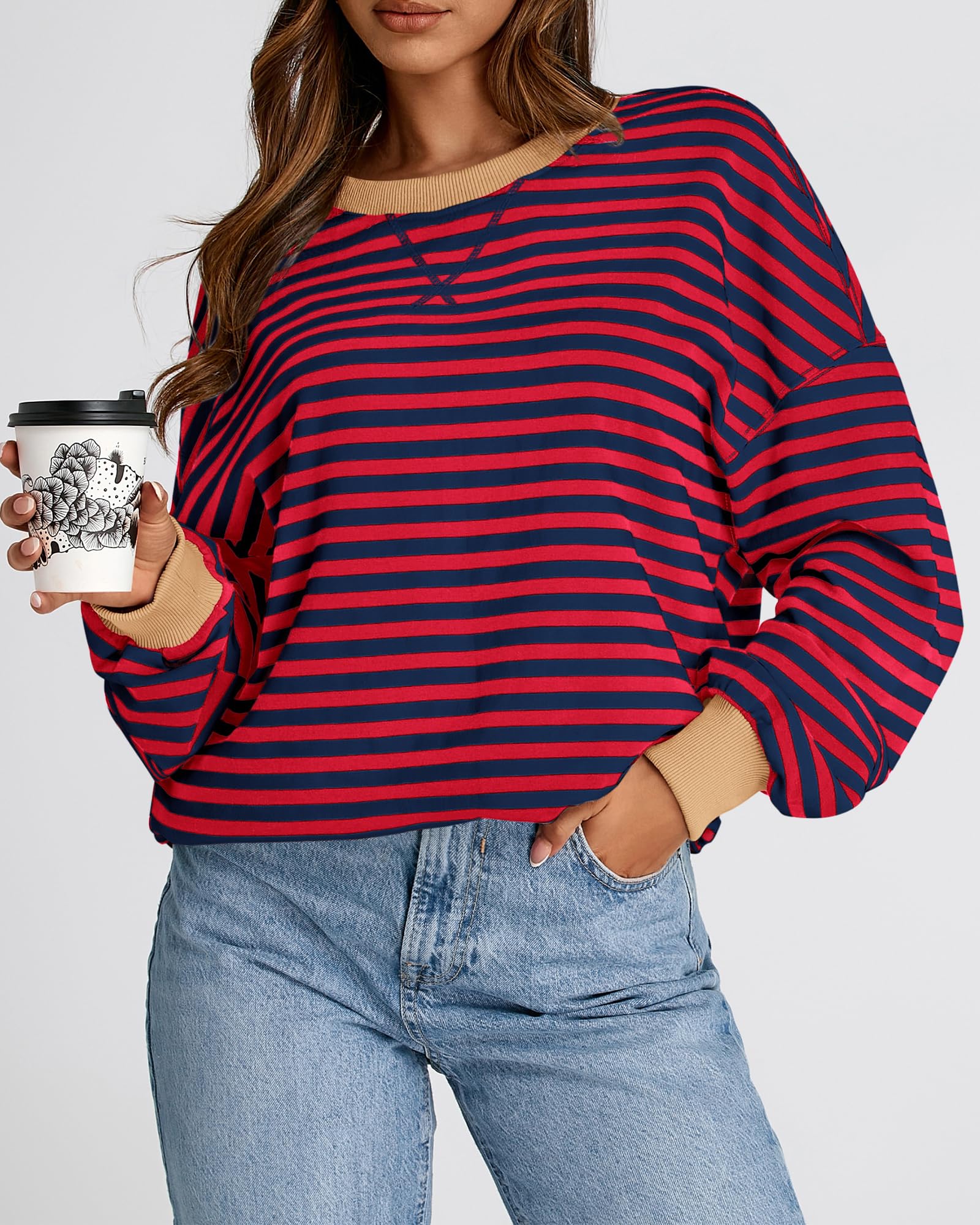 BTFBM Sweatshirt For Women Summer Crewneck Long Sleeve Oversized Striped Pullover Tops Y2K Clothes Workout Shirt