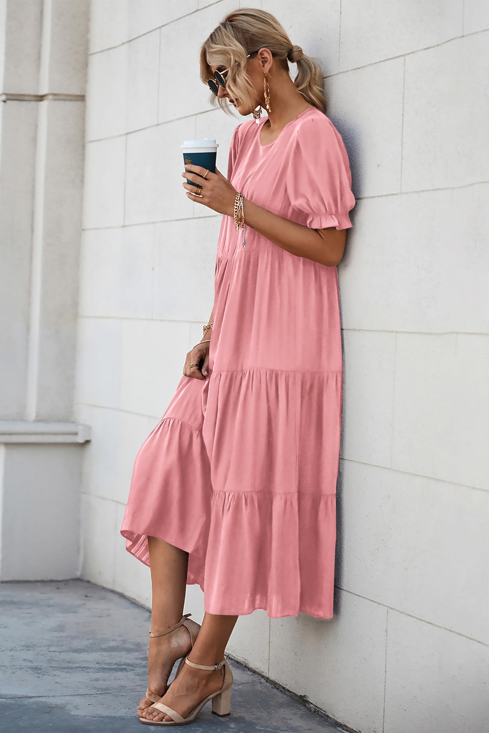 PRETTYGARDEN Summer Dresses for Women Casual Floral Boho Midi Sun Dress Puff Short Sleeve Flowy Beach Vacation Sundress