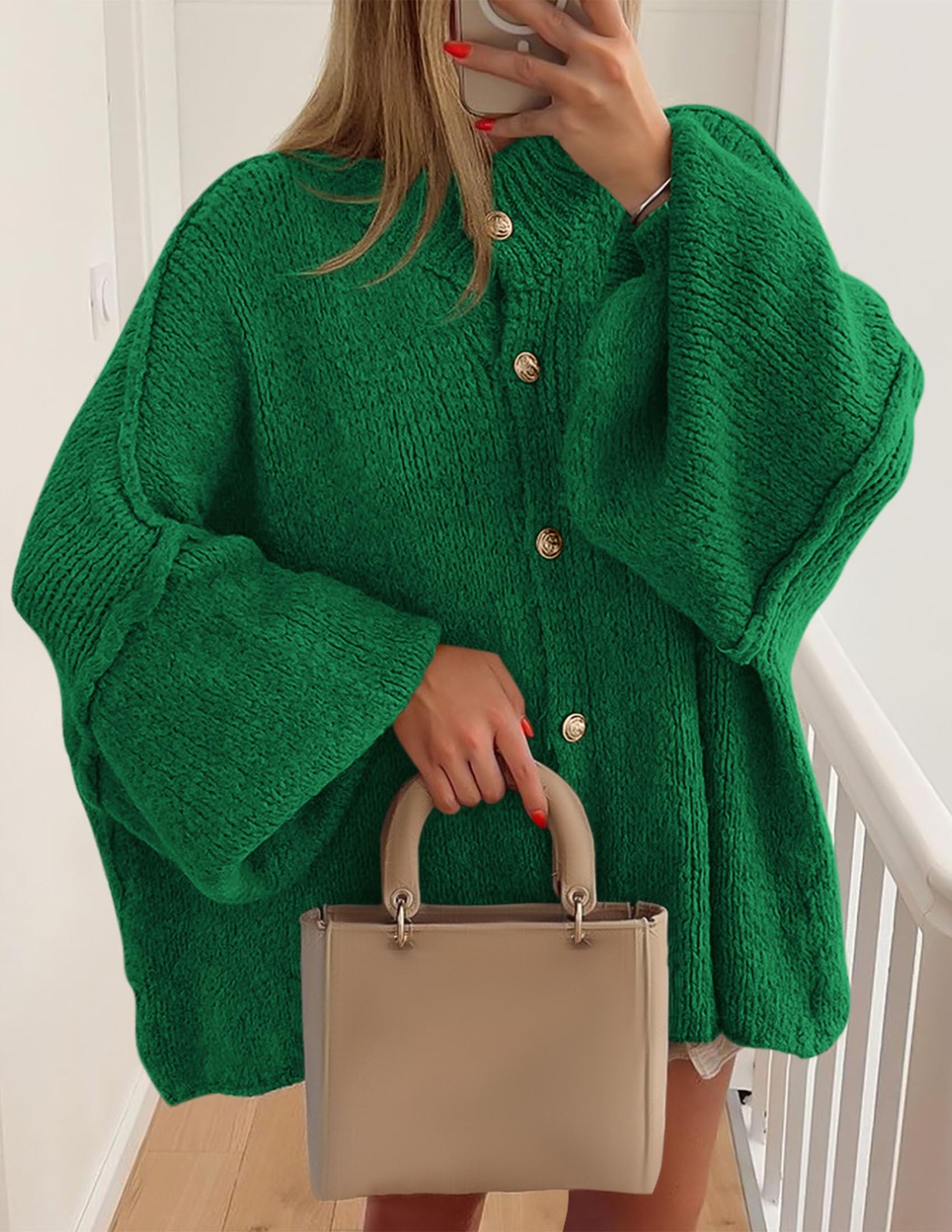 PRETTYGARDEN Women's Winter Button Down Cardigan Sweaters Mock Neck Lantern Long Sleeve Chunky Knit Jacket Trendy Outerwear