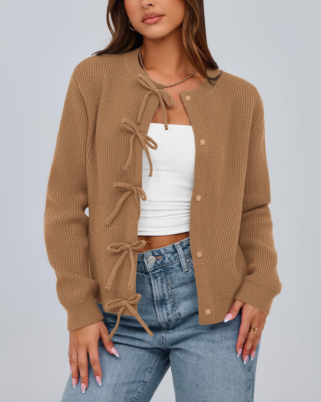 BTFBM Bow Cropped Cardigan Sweaters for Women Fall Winter Open Front Sweater Long Sleeve Button Fashion Spring Clothes