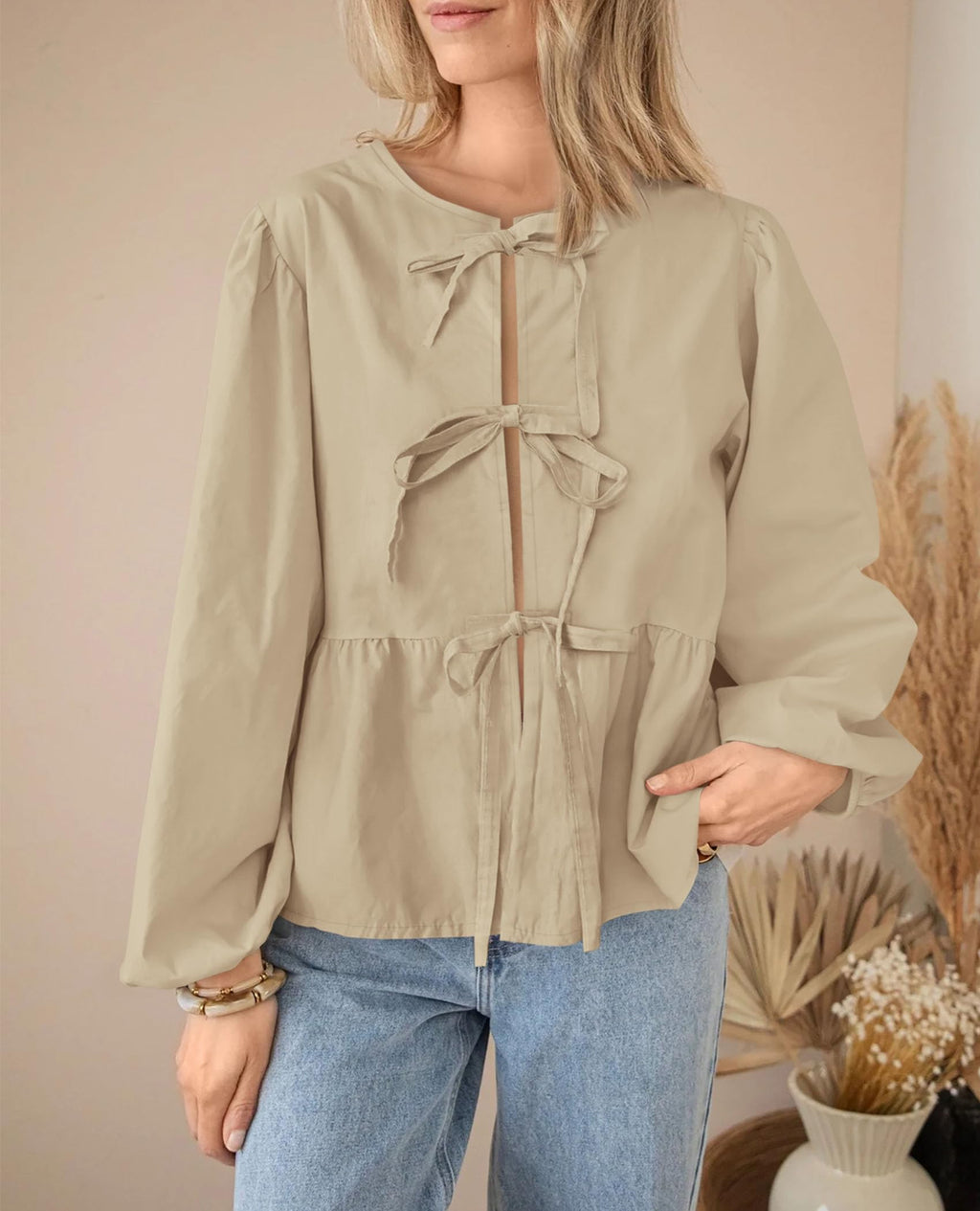 PRETTYGARDEN Women's Spring Fall Babydoll Peplum Blouse Shirt Puff Long Sleeve Bow Tie Front Trendy Cute Y2K Going Out Tops