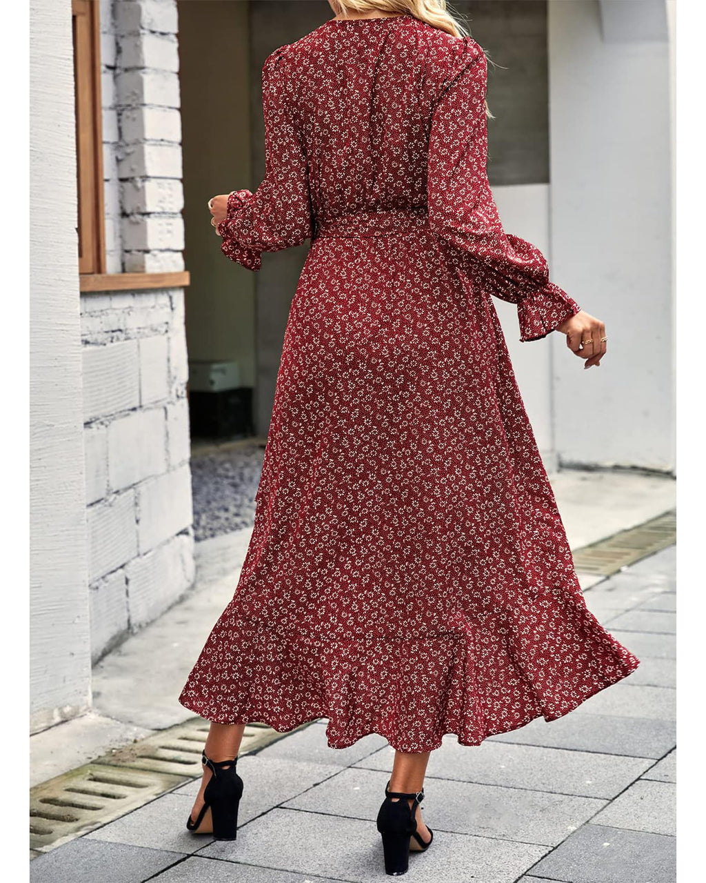 BTFBM Womens Dresses Summer V Neck Floral High Waist Ruffle Wedding Guest Cocktail Boho Spring Long Sleeve Dress