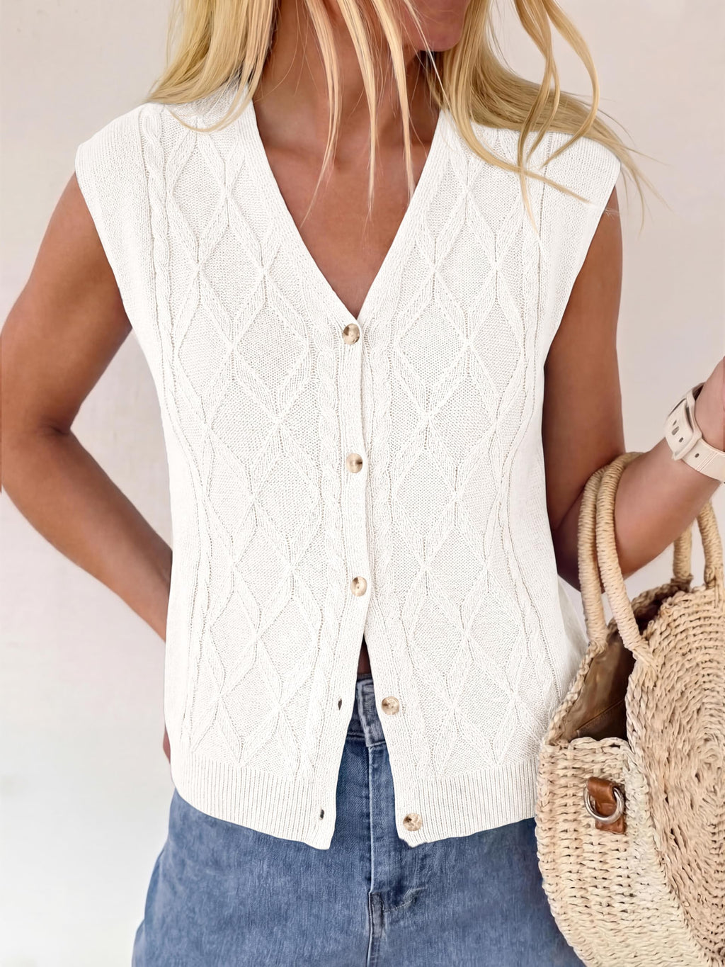 BTFBM Vest Tops for Women Summer V Neck Button Loose Lightweight Cardigan Knit Cap Sleeve Sweater Vests Fashion Clothing