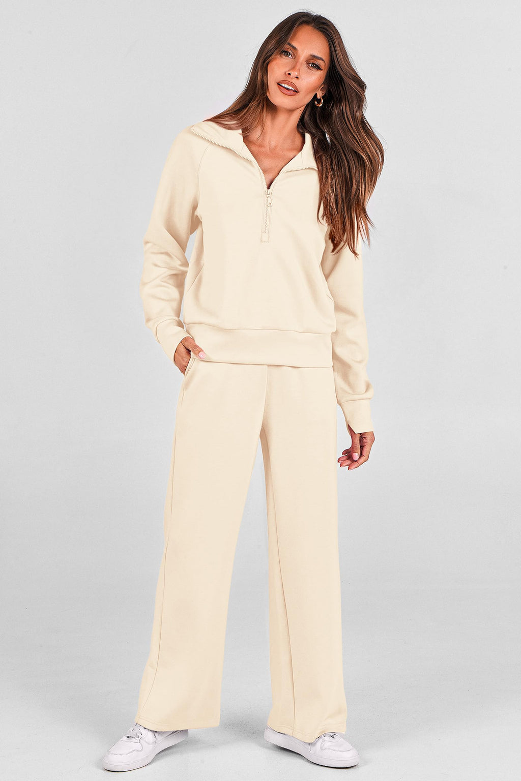 PRETTYGARDEN Women's 2 Piece Outfits Casual Lapel Half Zip Sweatshirts and Wide Leg Pants Tracksuit Sets