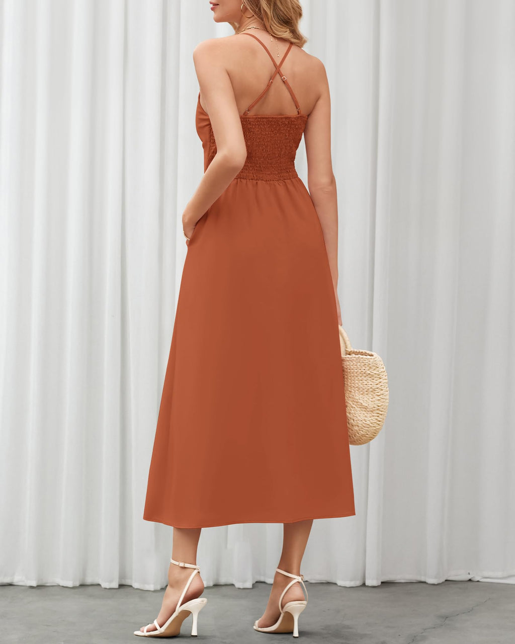 BTFBM Women Spaghetti Strap Midi Summer Dresses Sleeveless V Neck Cutout Slit Casual Beach Party Maxi Dress Pockets