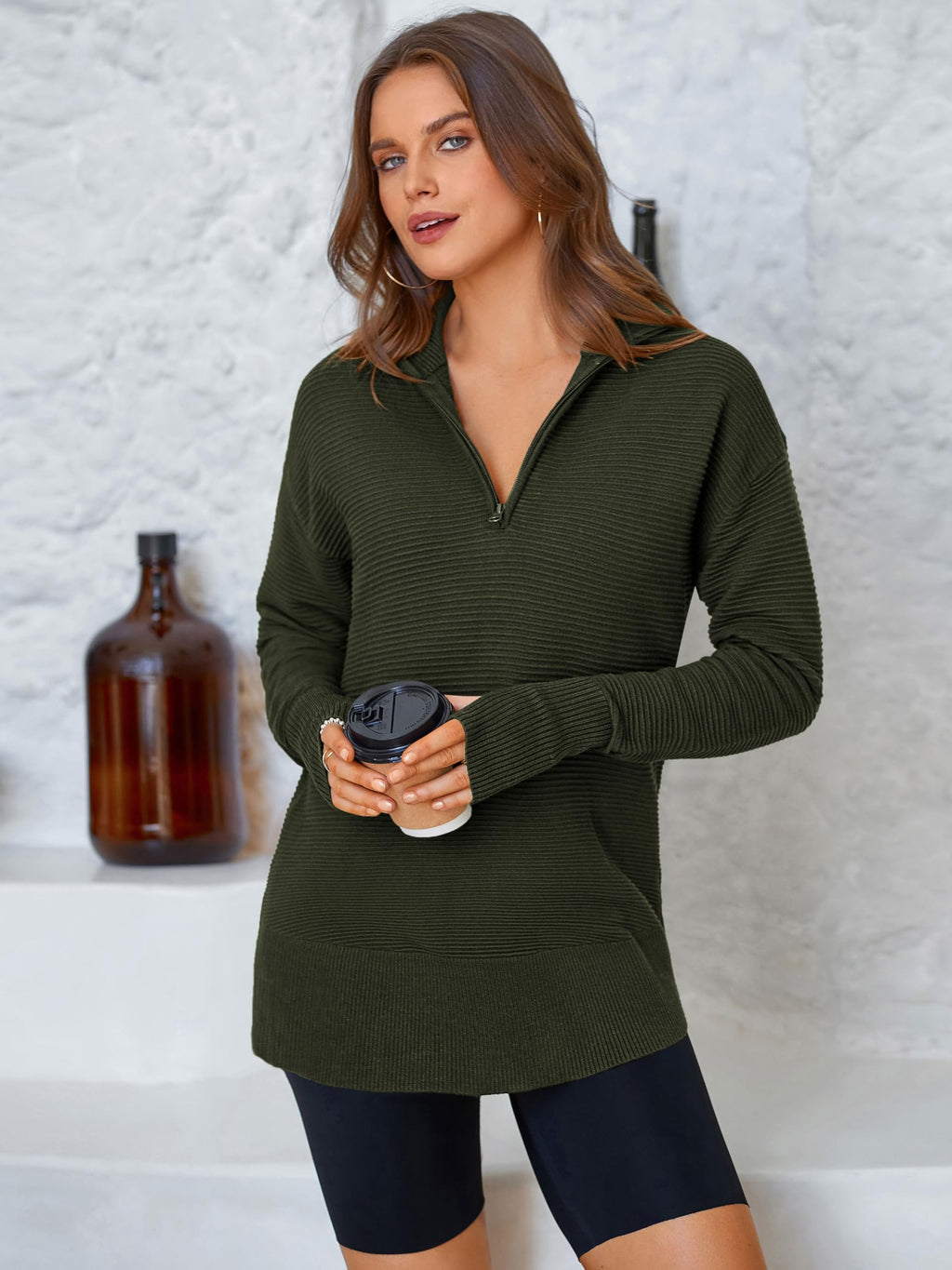 PRETTYGARDEN Womens Long Sleeve Quarter Zip Pullover Sweater Casual Loose V Neck Collared Ribbed Knit Jumper Tops Thumb Hole