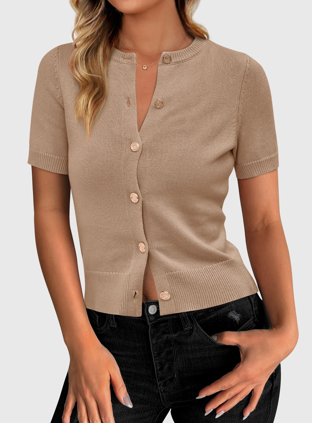 PRETTYGARDEN Womens Casual Summer Short Sleeve Cardigans Button Down Knitted Sweater Basic Crew Neck Crop Tops