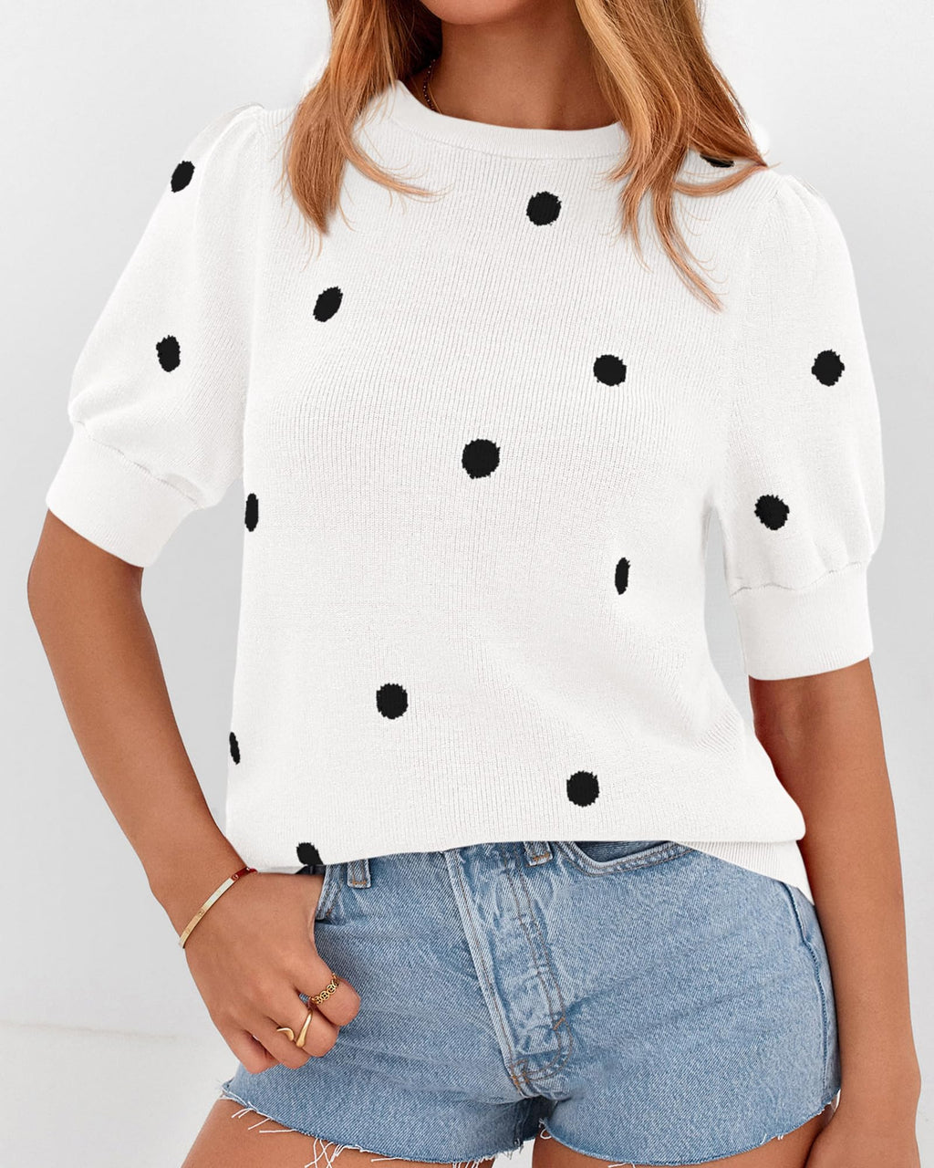 BTFBM Womens Sweaters Polka Dot Short Sleeve Sweater for Women Crew Neck Knit Summer Tops Business Dressy Casual Blouses