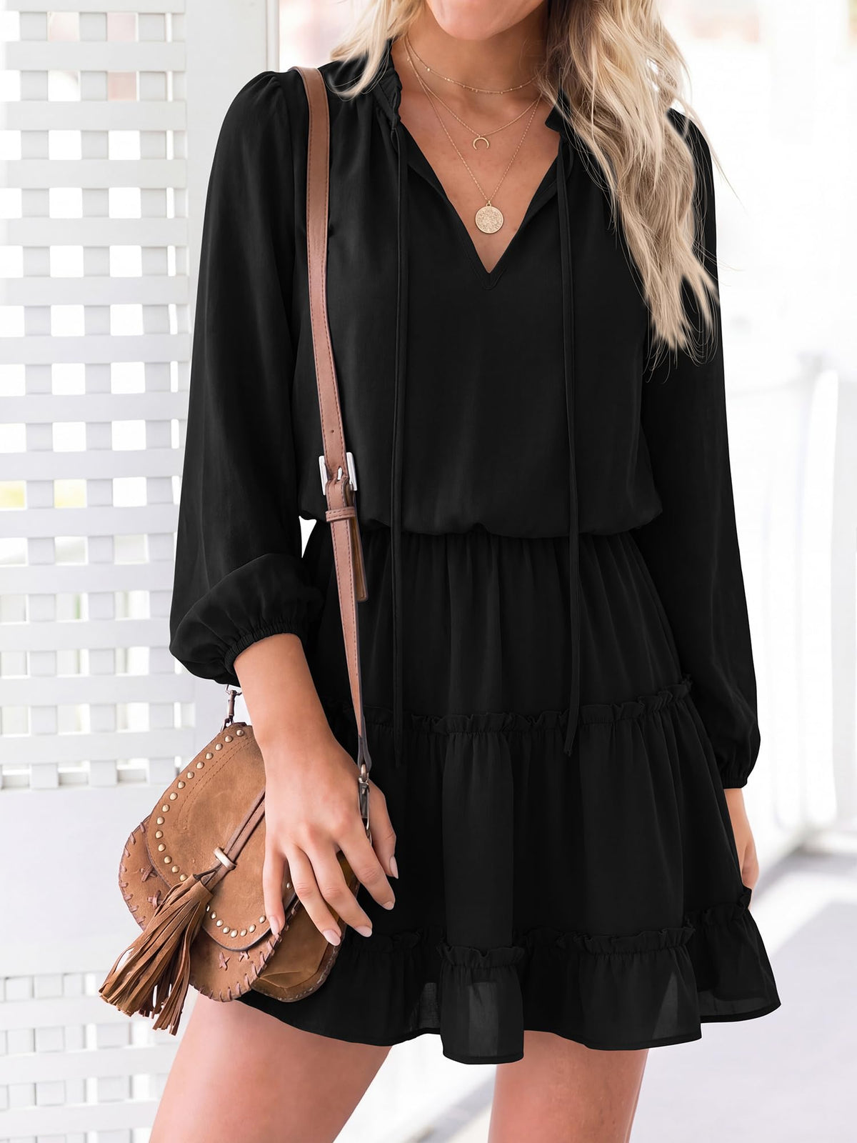 BTFBM Long Sleeve Summer Dresses for Women Casual Tie Neck Ruffle Tiered A Line Mini Spring Wedding Guest Dress