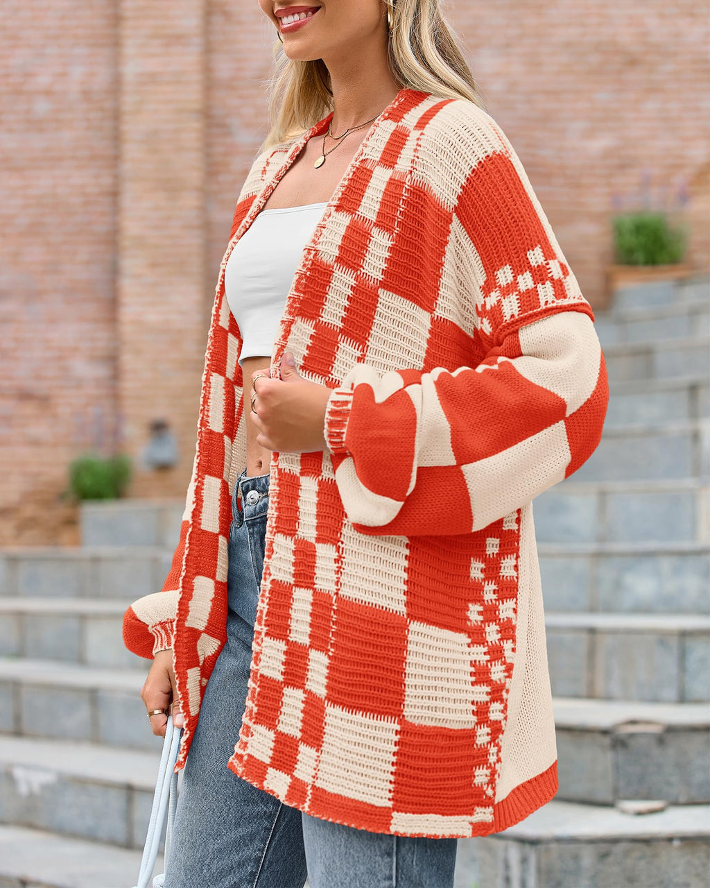 FreshPretty Casual Cardigan Sweater for Women Fall Long Sleeve Open Front Chunky Knit Sweaters Checkered Outwear Coat