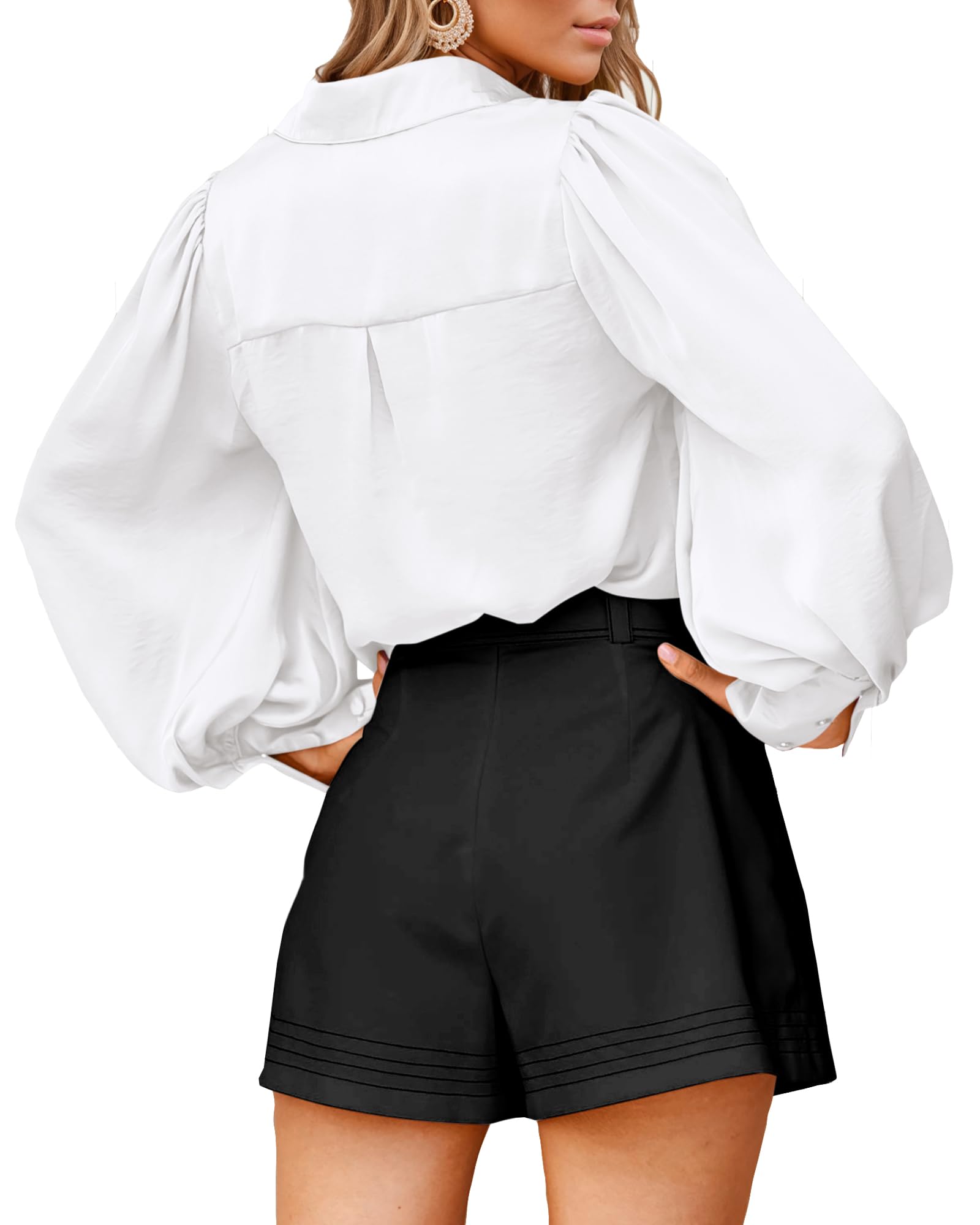 BTFBM Women Satin Blouses Summer Fall Clothes Button Down Lantern Long Sleeve Shirts Work Business Casual Dressy Tops