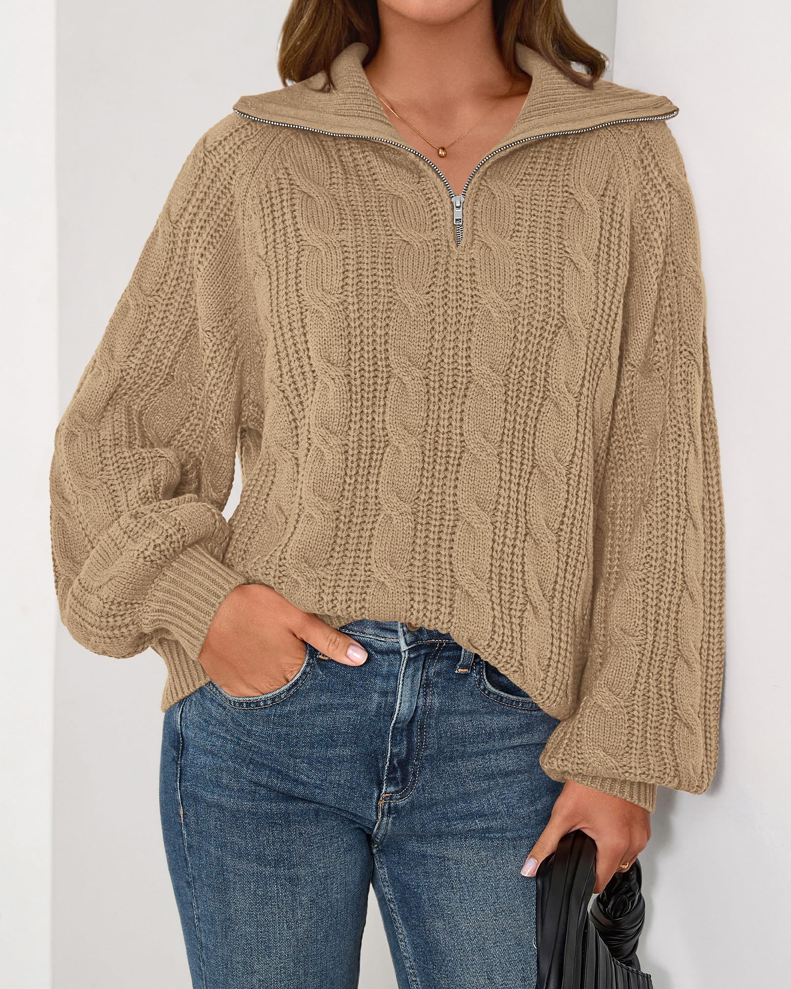 BTFBM Sweaters for Women Fall Fashion Loose Quarter Zip Pullover Collared Long Sleeve Cable Knit Winter Clothes