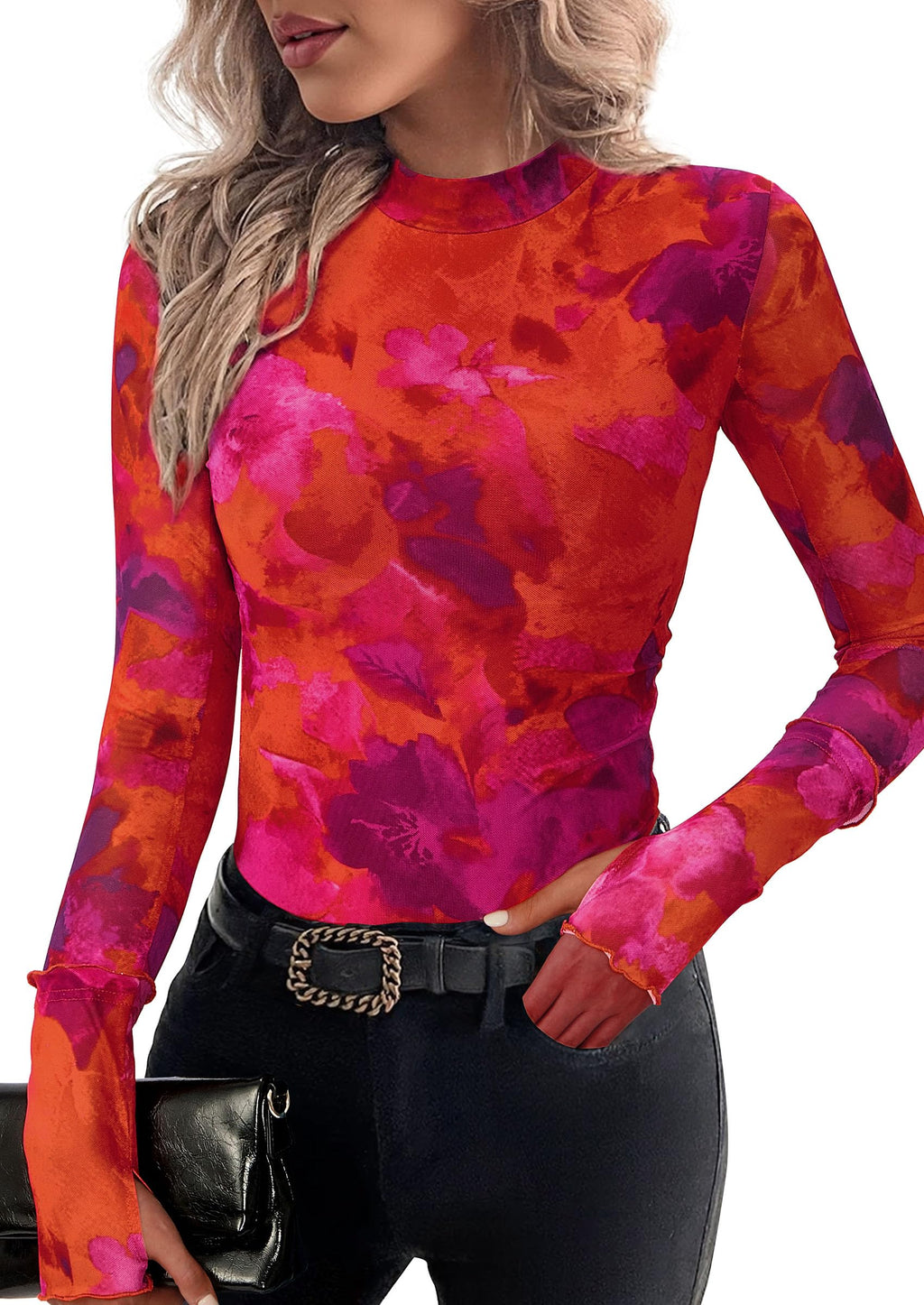 PRETTYGARDEN Womens Fall Mesh Floral Blouses Long Sleeve Going Out Tops Slim Fitted Shirts Date Night Outfits