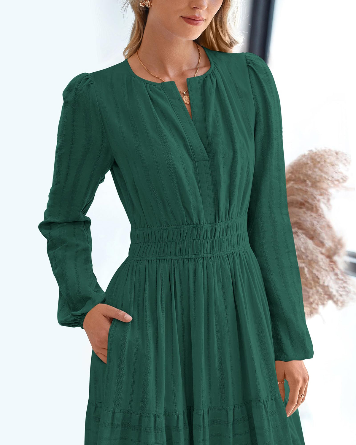 BTFBM Spring Dresses for Women 2026 Casual Long Sleeve V Neck Elastic Waist Lightweight Maxi Wedding Guest Dress Pockets