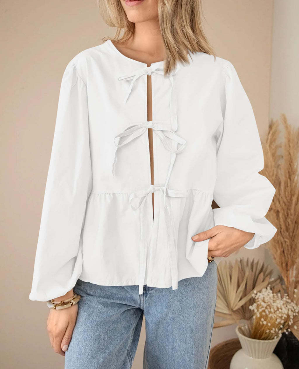 PRETTYGARDEN Women's Spring Fall Babydoll Peplum Blouse Shirt Puff Long Sleeve Bow Tie Front Trendy Cute Y2K Going Out Tops