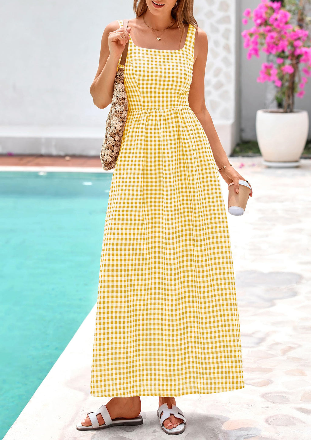 PRETTYGARDEN Women's Summer Spaghetti Strap Maxi Dresses Plaid Square Neck A Line Casual Beach Vacation Long Sundress