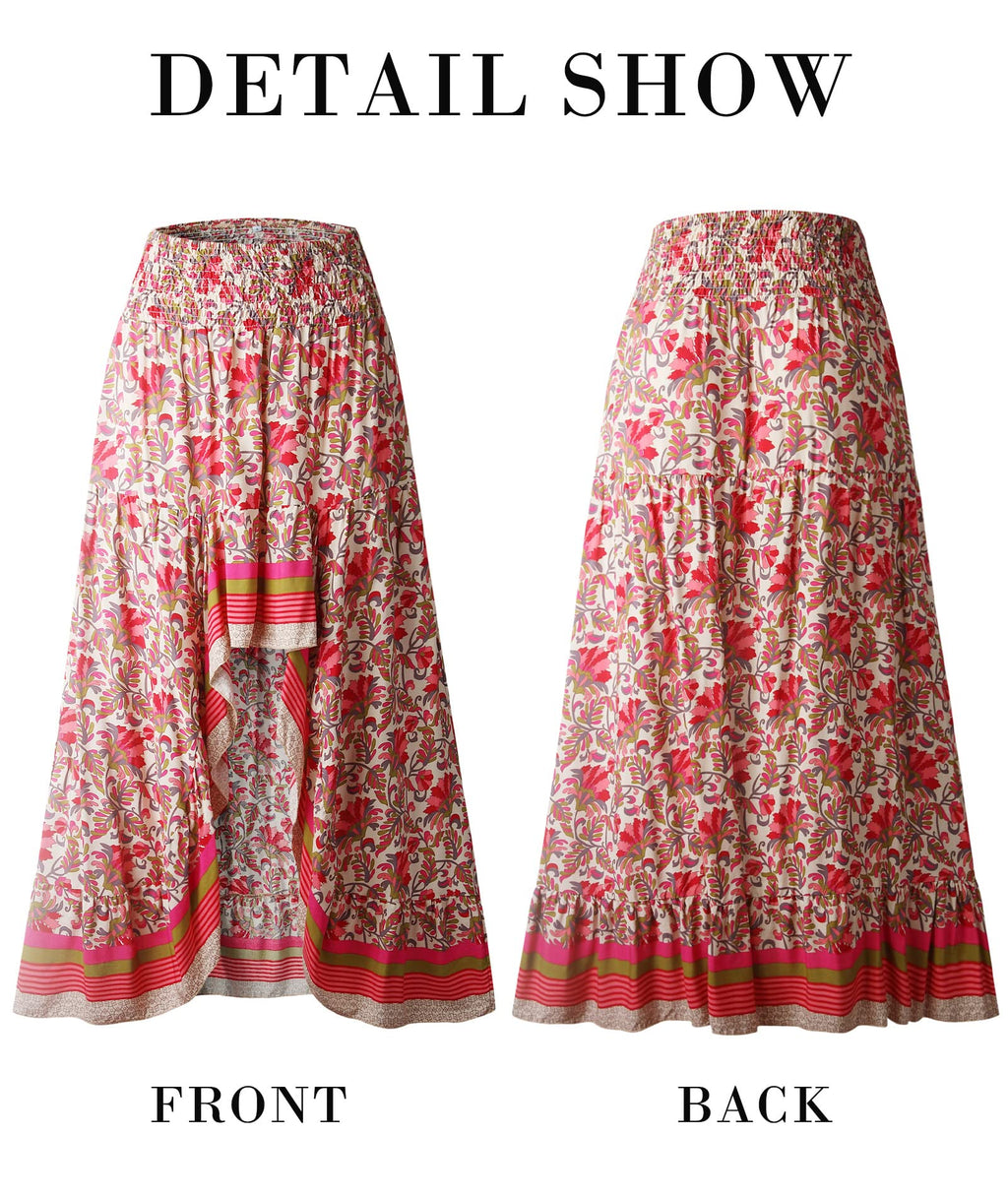 FreshPretty Women Summer Fall Boho Long Skirts Dress Floral Print Elastic Waist Split Ruffle High Low Beach Maxi Skirt