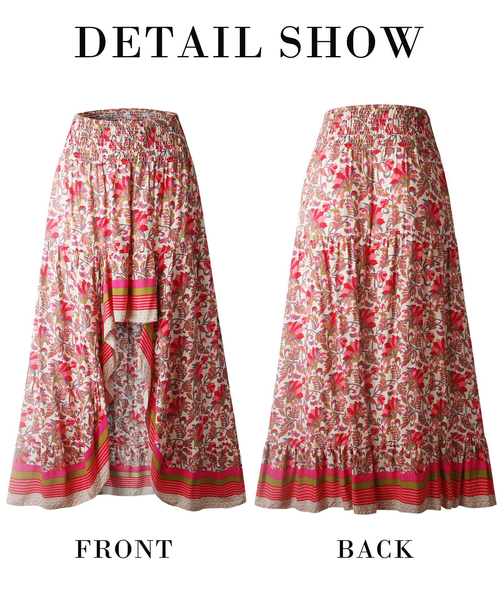 FreshPretty Women Summer Fall Boho Long Skirts Dress Floral Print Elastic Waist Split Ruffle High Low Beach Maxi Skirt