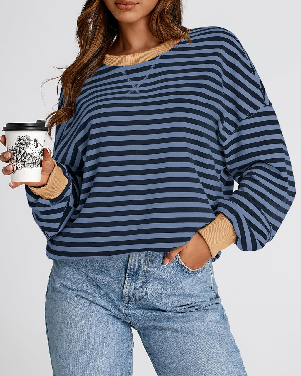 BTFBM Sweatshirt For Women Summer Crewneck Long Sleeve Oversized Striped Pullover Tops Y2K Clothes Workout Shirt