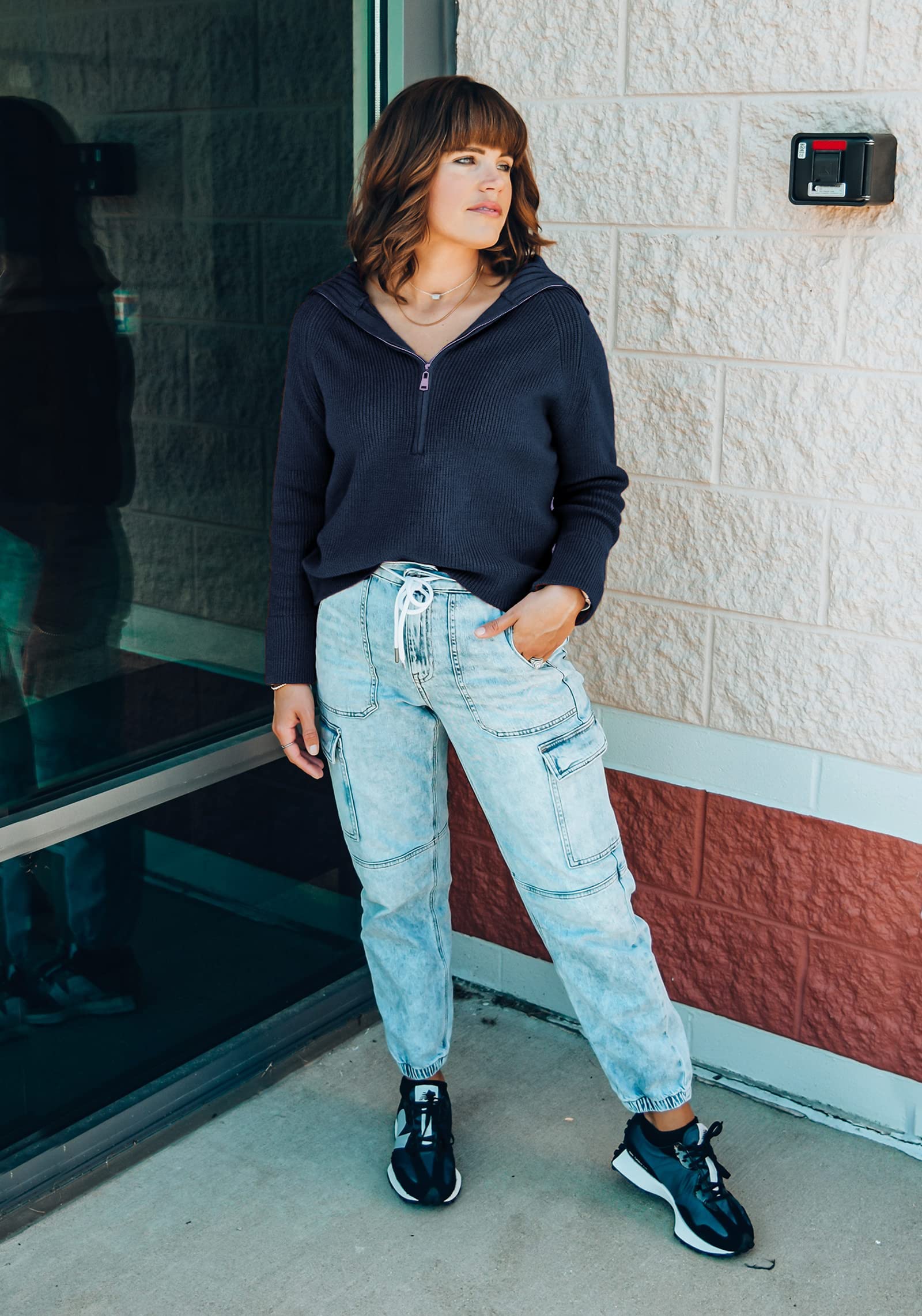 FreshPretty Womens Sweaters Quarter Zip Pullover V Neck Collar Long Sleeve Ribbed Knit Loose Casual Winter Fall Sweater