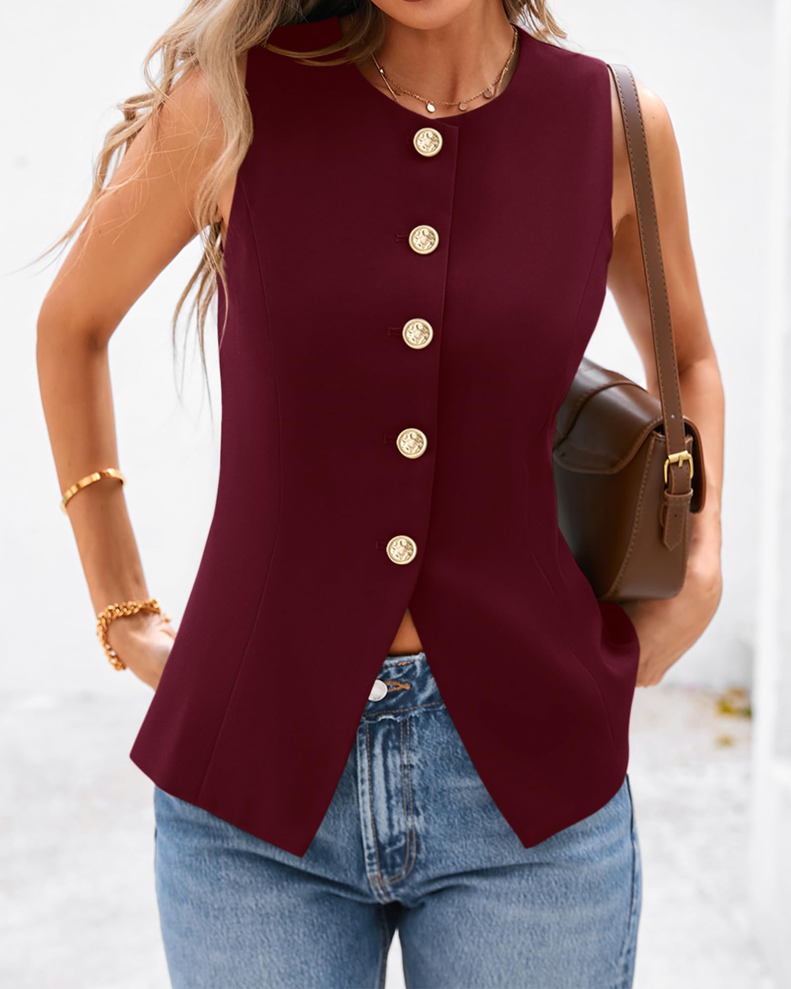 BTFBM Summer Sleeveless Blazer Vest For Women Dressy Button Down Round Neck Business Casual Outfits Work Suit Vests Tops