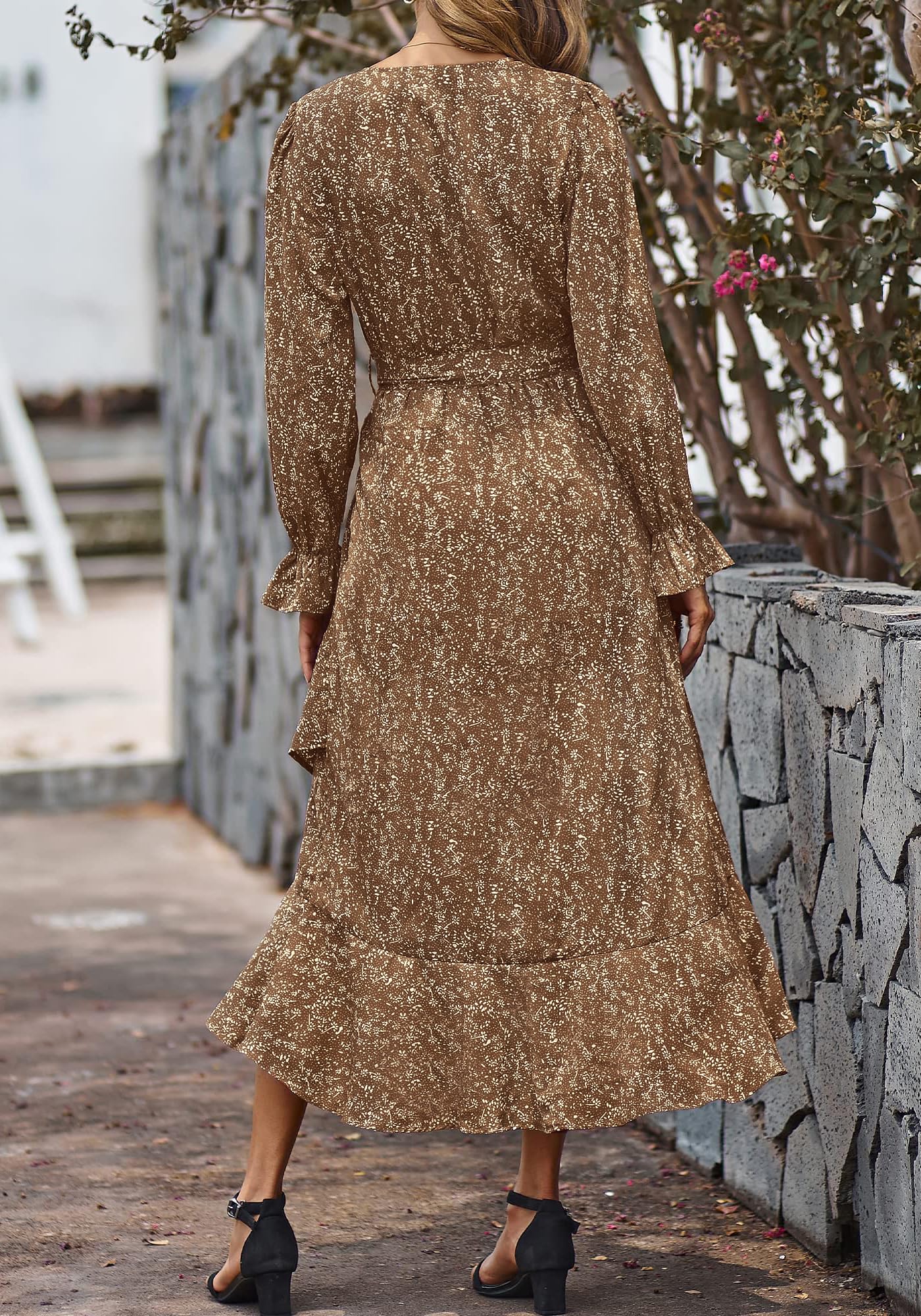 BTFBM Womens Dresses Summer V Neck Floral High Waist Ruffle Wedding Guest Cocktail Boho Spring Long Sleeve Dress